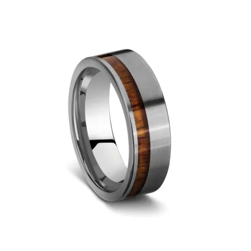 Tungsten Ring with brushed finish and Koa Wood Inlay, size 10