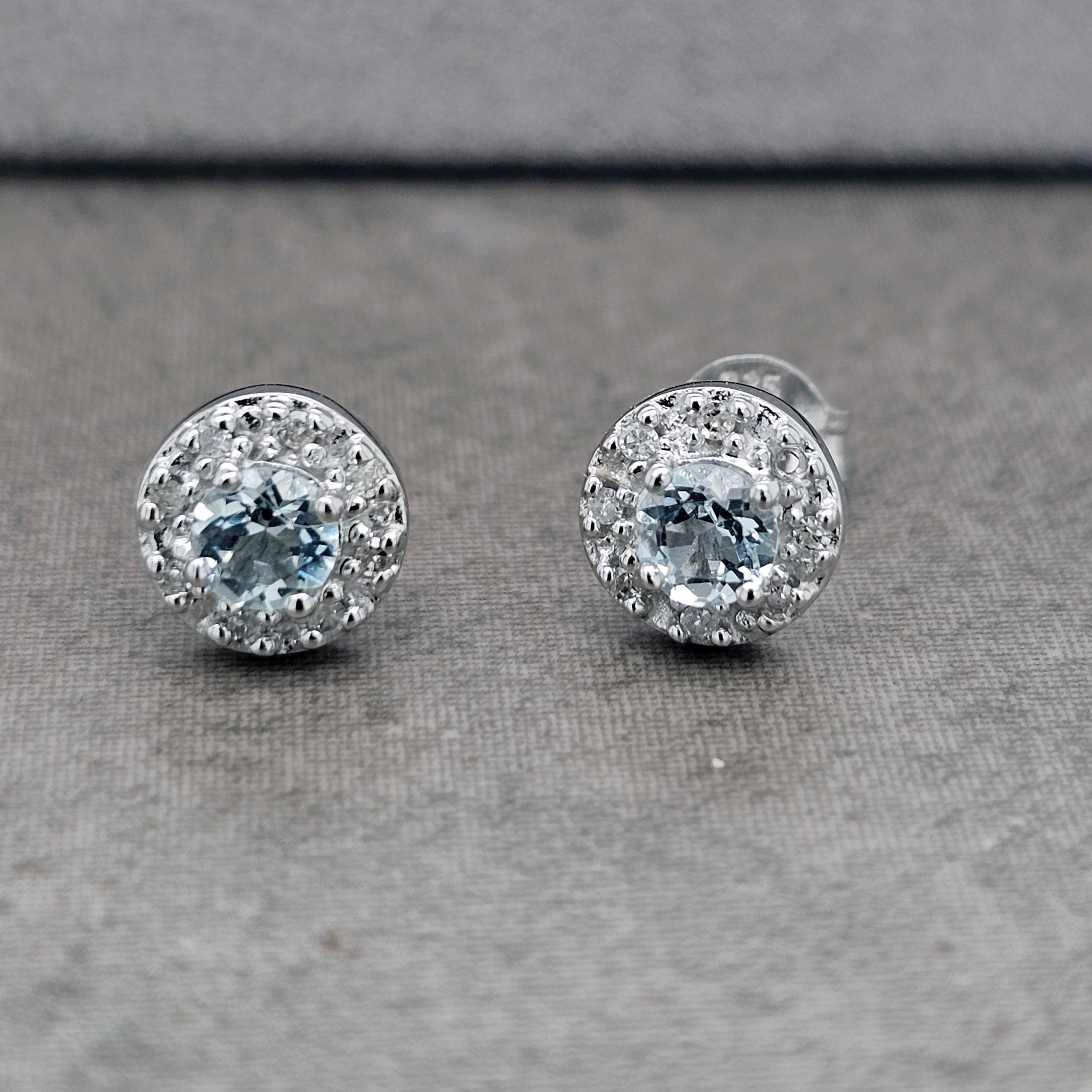 9ct white gold aquamarine & diamond studs