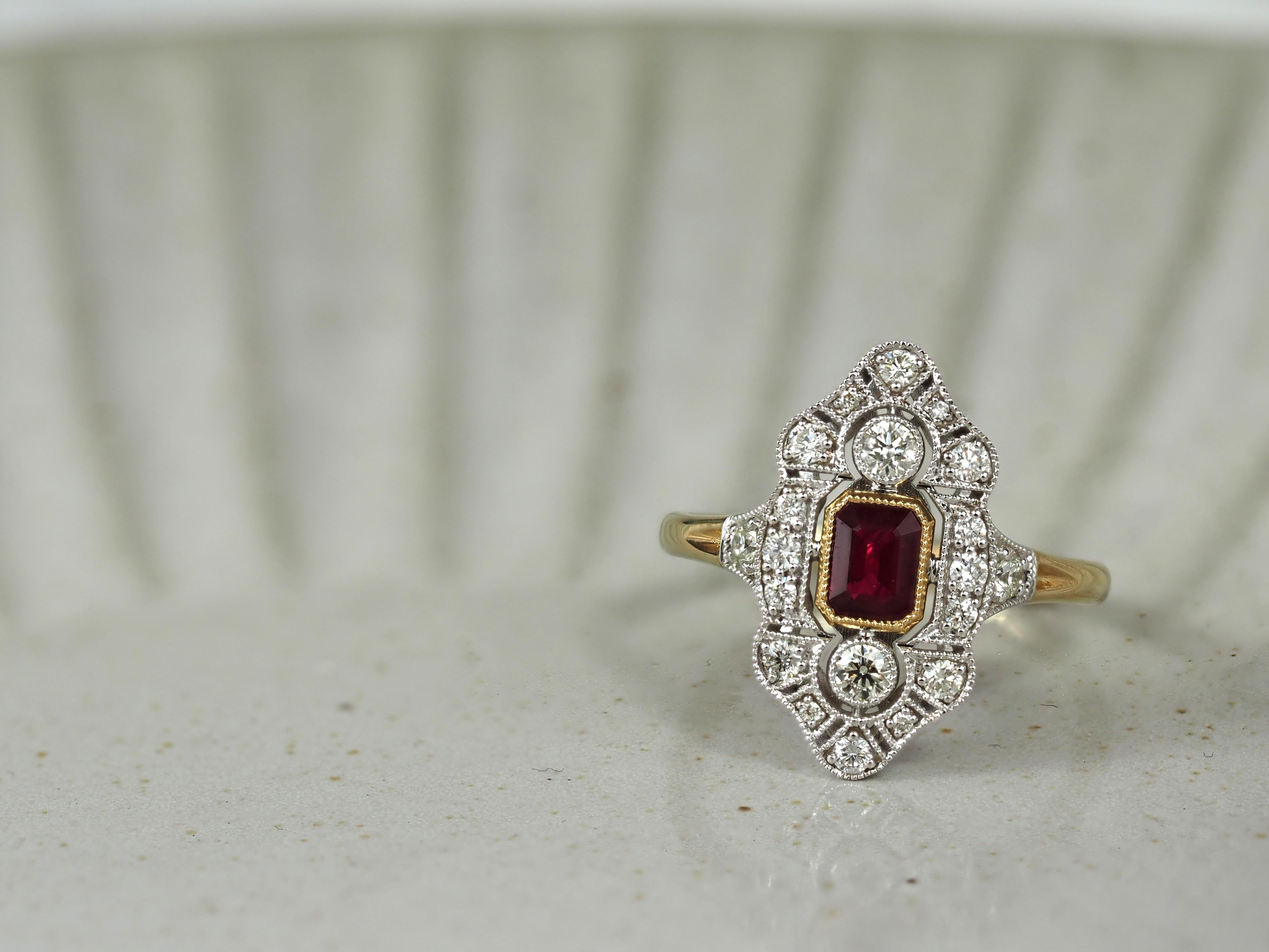 9ct Yellow and White Gold Ruby and Diamond ring, 0.54ct centre