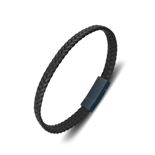 Stainless Steel Black Leather Bracelet, 21cm