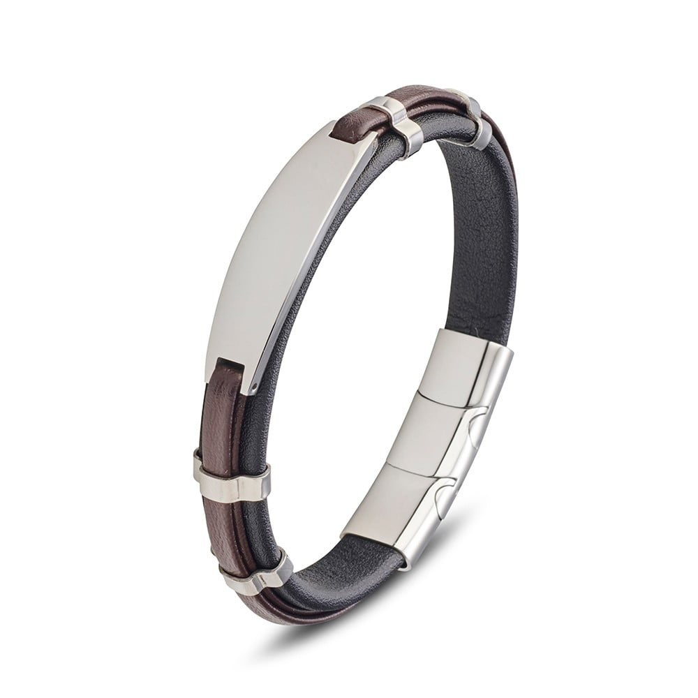 Solv Stainless Steel and Black Leather ID Bracelet