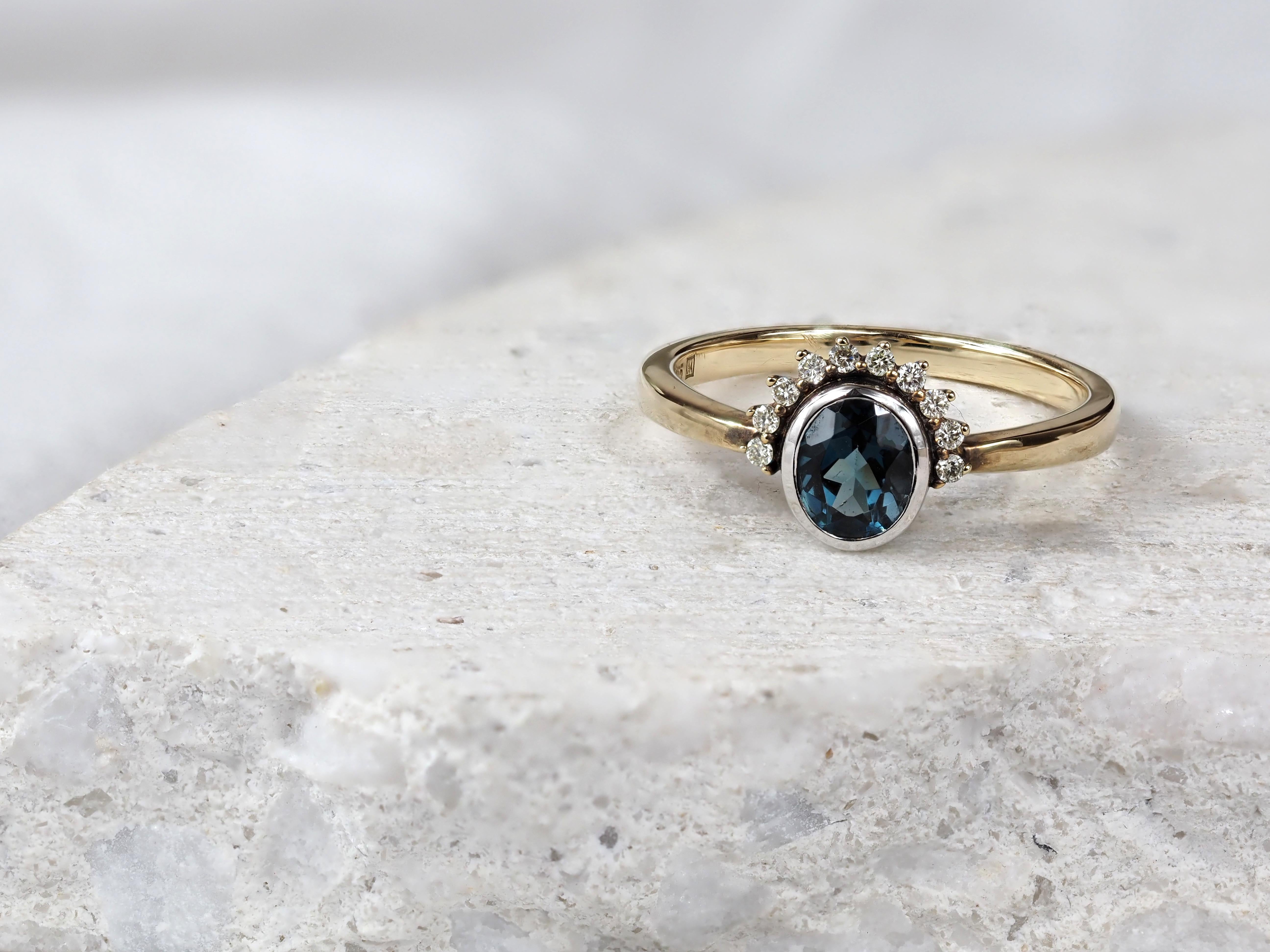 9ct Yellow Gold London Blue Topaz and Diamond ring
