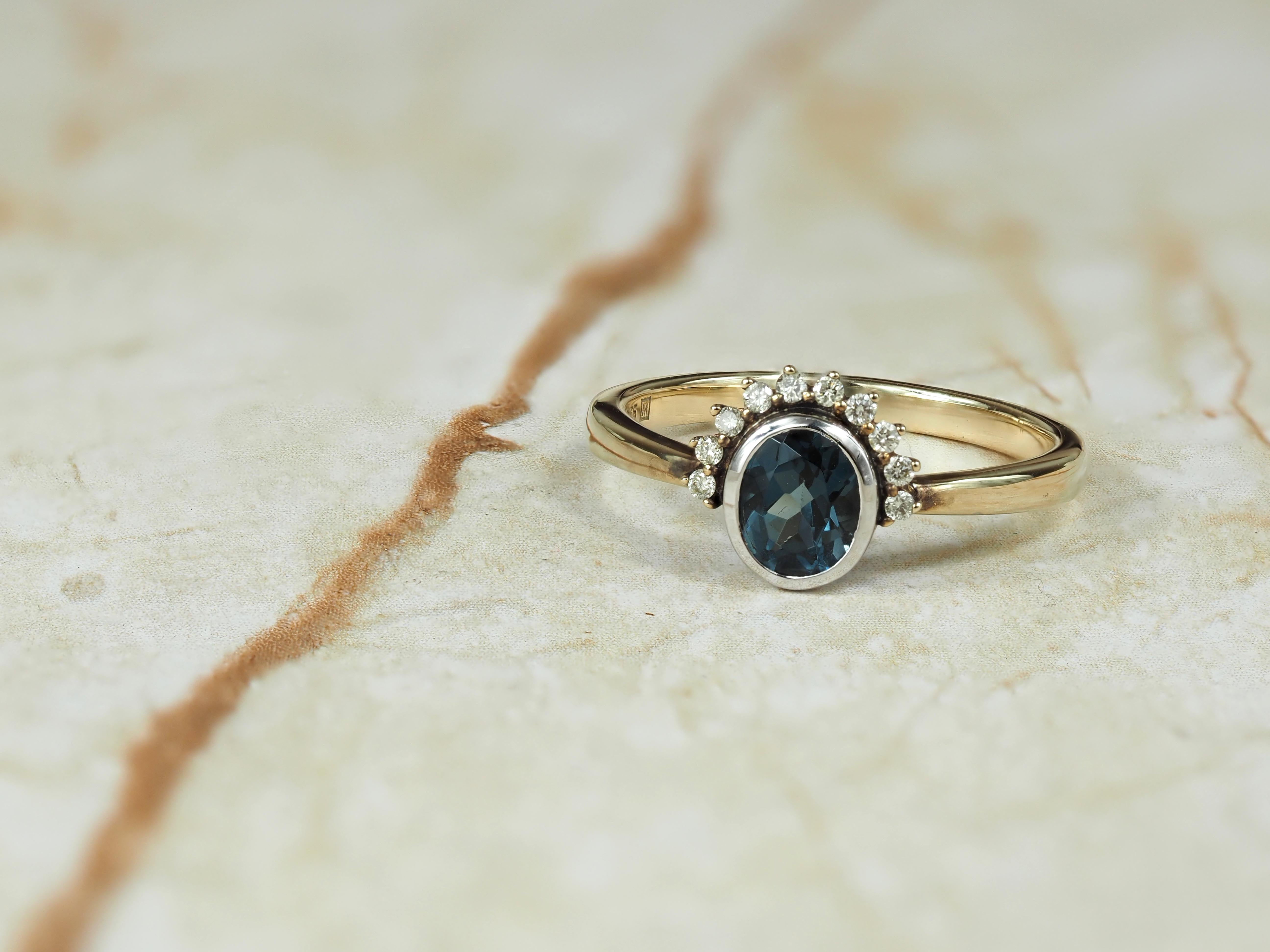 9ct Yellow Gold London Blue Topaz and Diamond ring