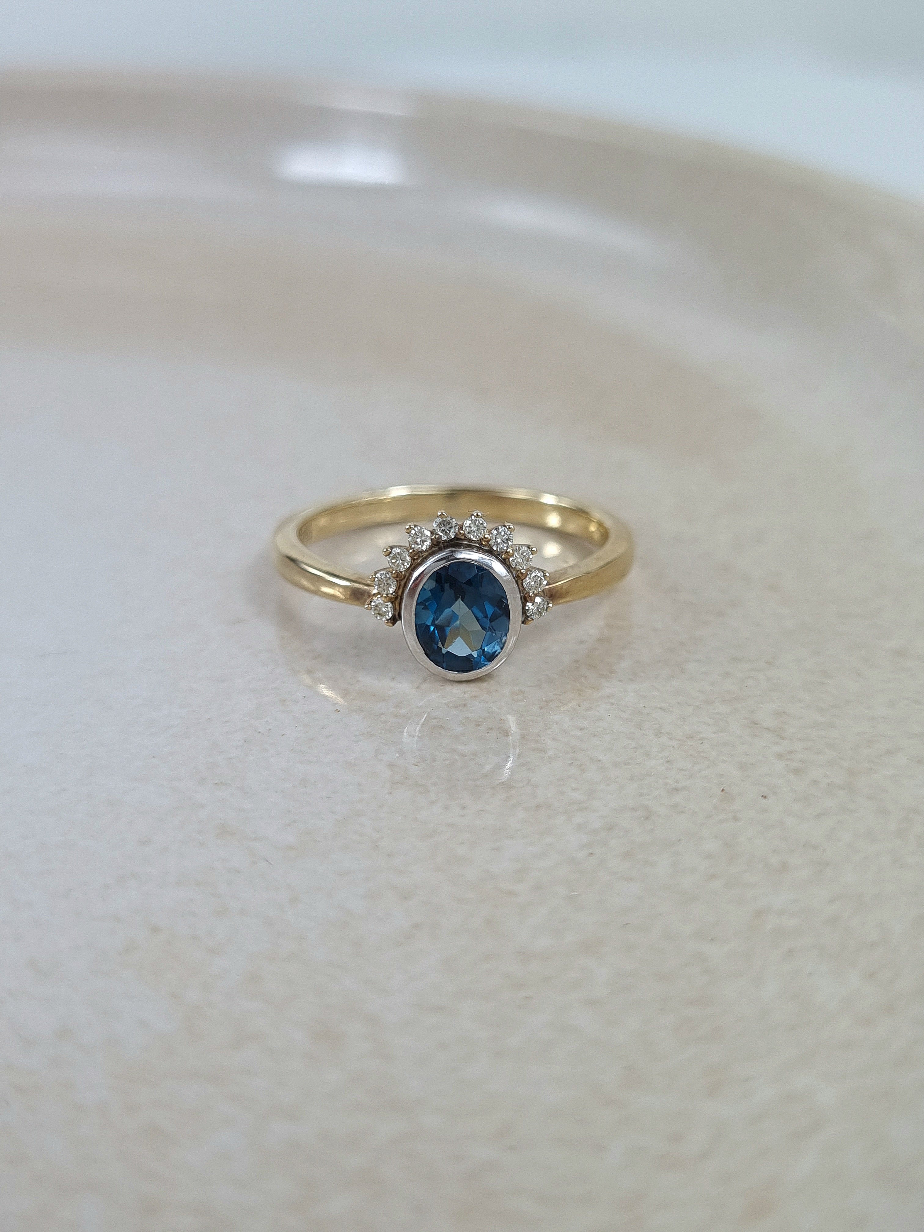 9ct Yellow Gold London Blue Topaz and Diamond ring