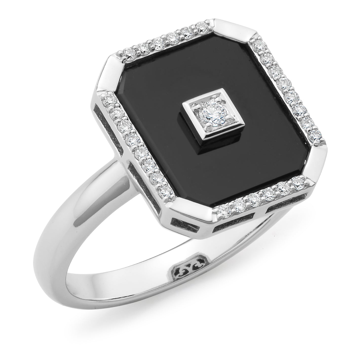 9ct White Gold, Onyx & Diamond Bezel Set Dress Ring