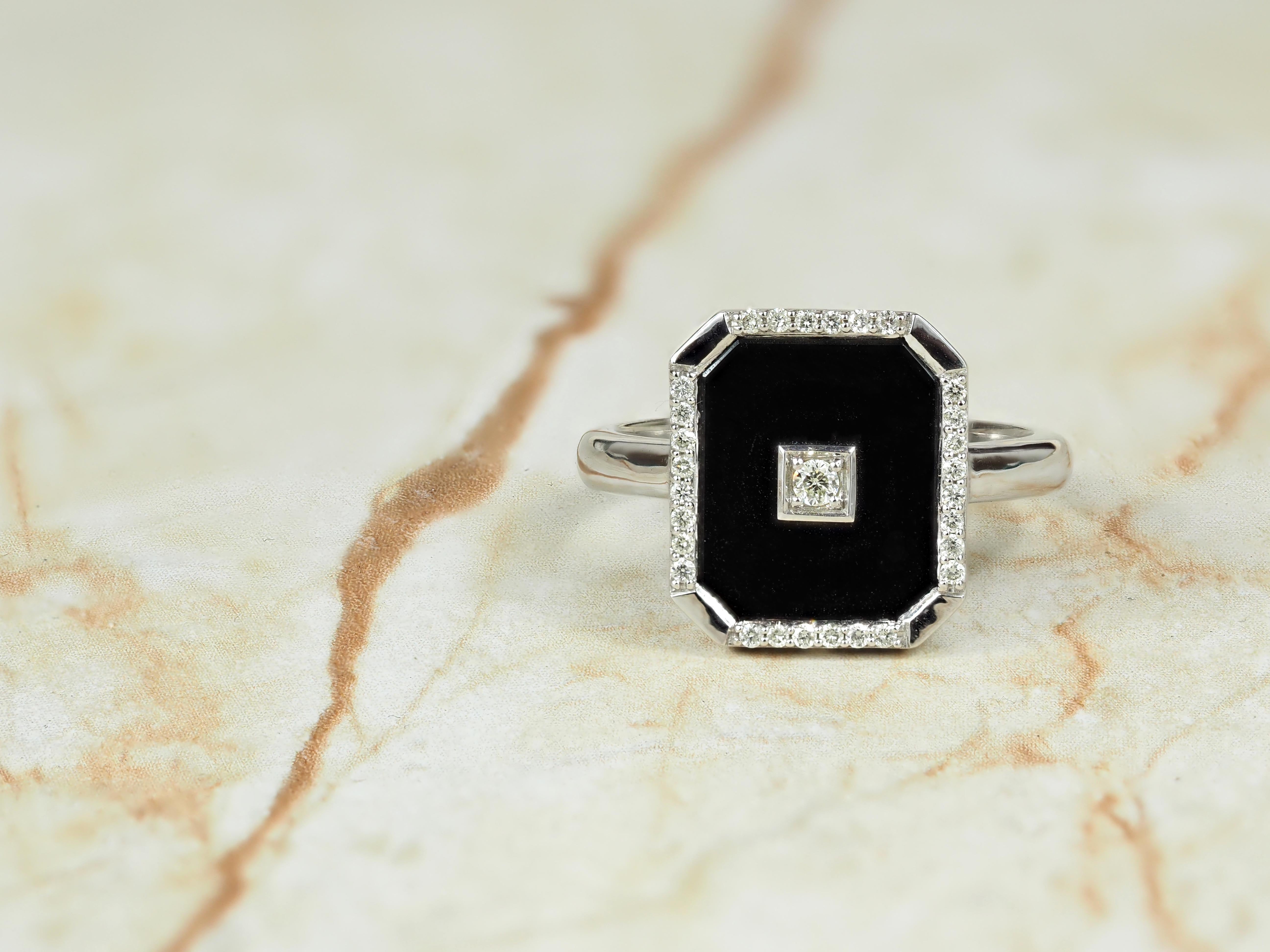 9ct White Gold, Onyx & Diamond Bezel Set Dress Ring