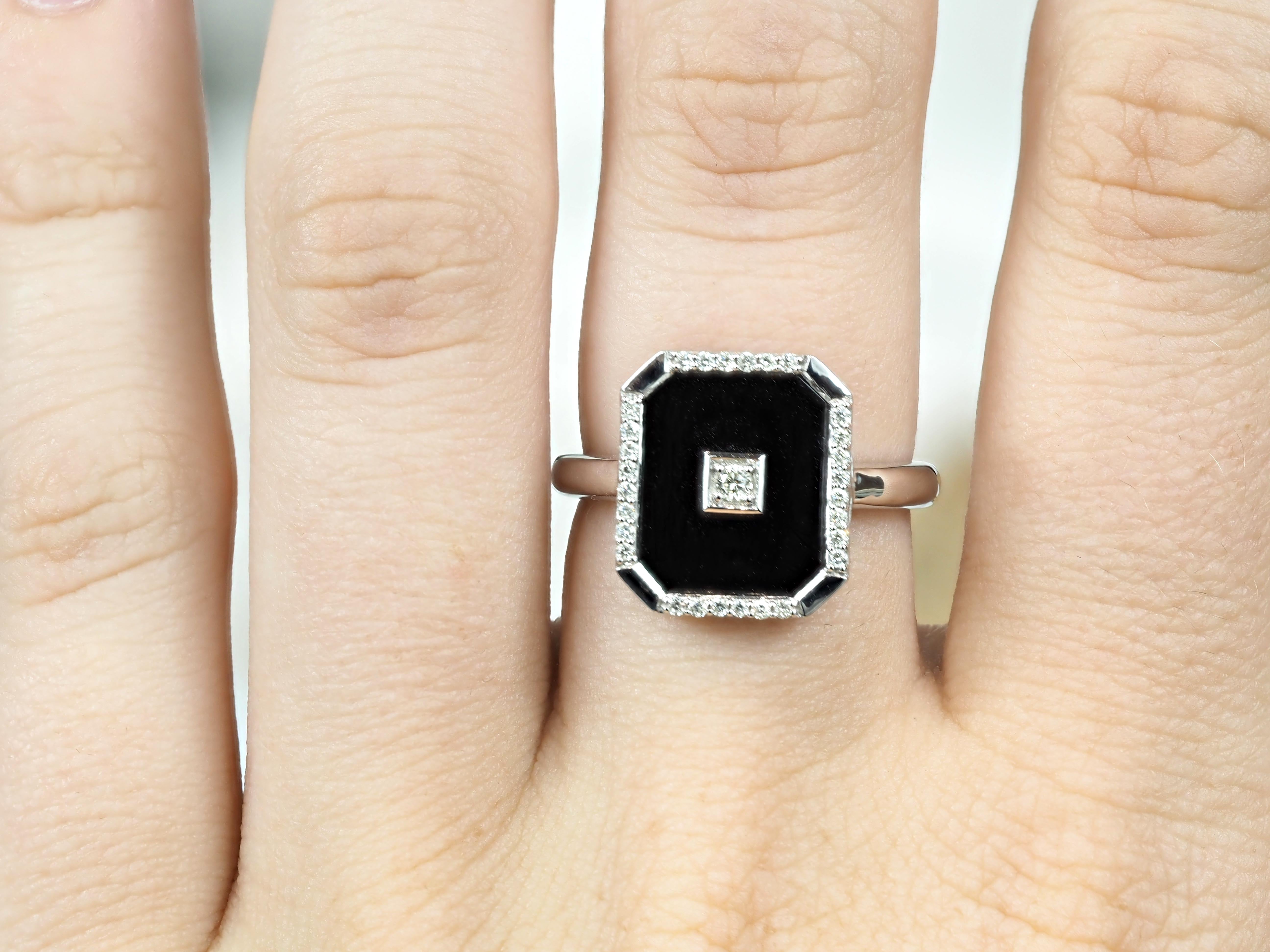 9ct White Gold, Onyx & Diamond Bezel Set Dress Ring