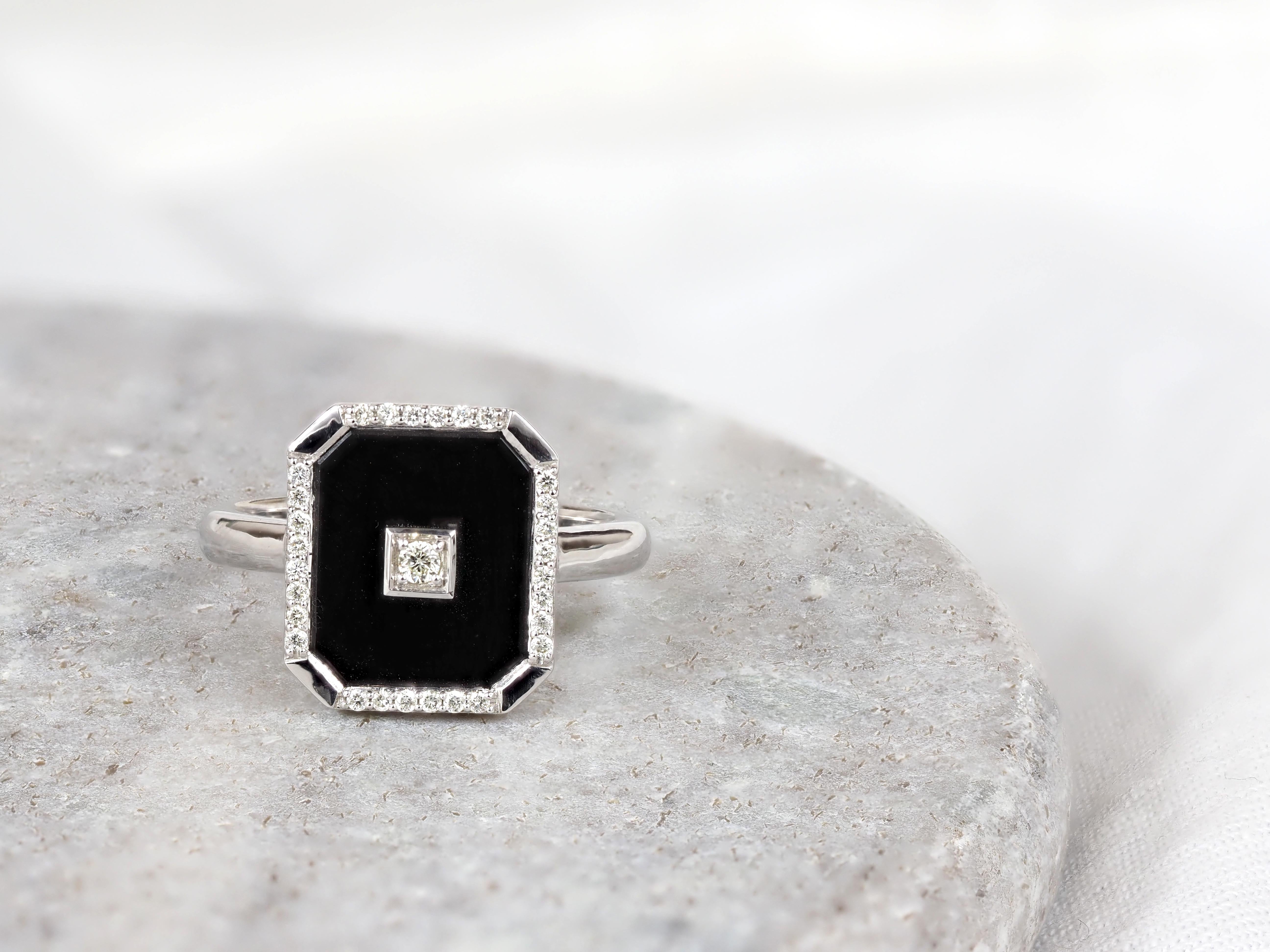 9ct White Gold, Onyx & Diamond Bezel Set Dress Ring