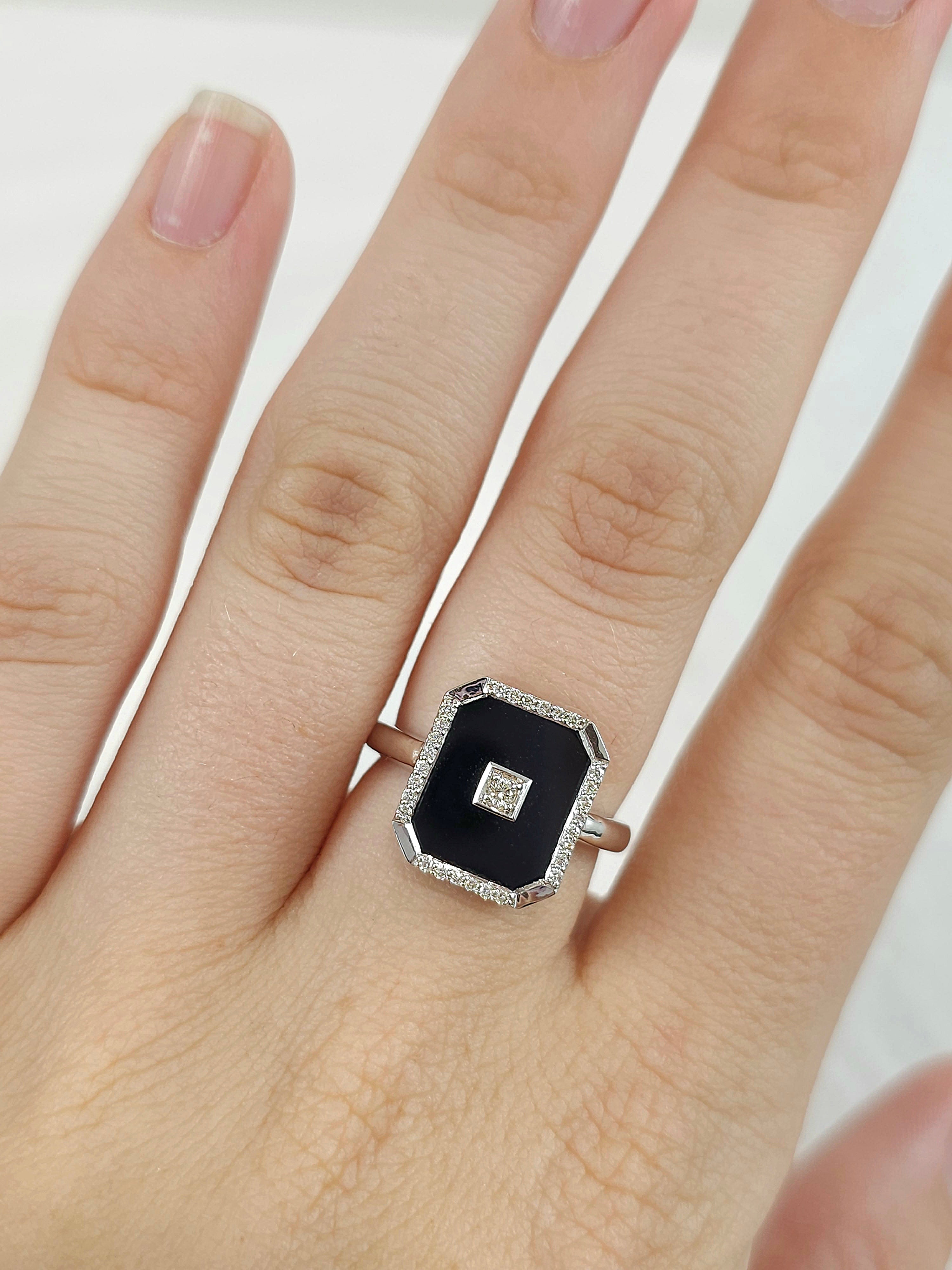 9ct White Gold, Onyx & Diamond Bezel Set Dress Ring