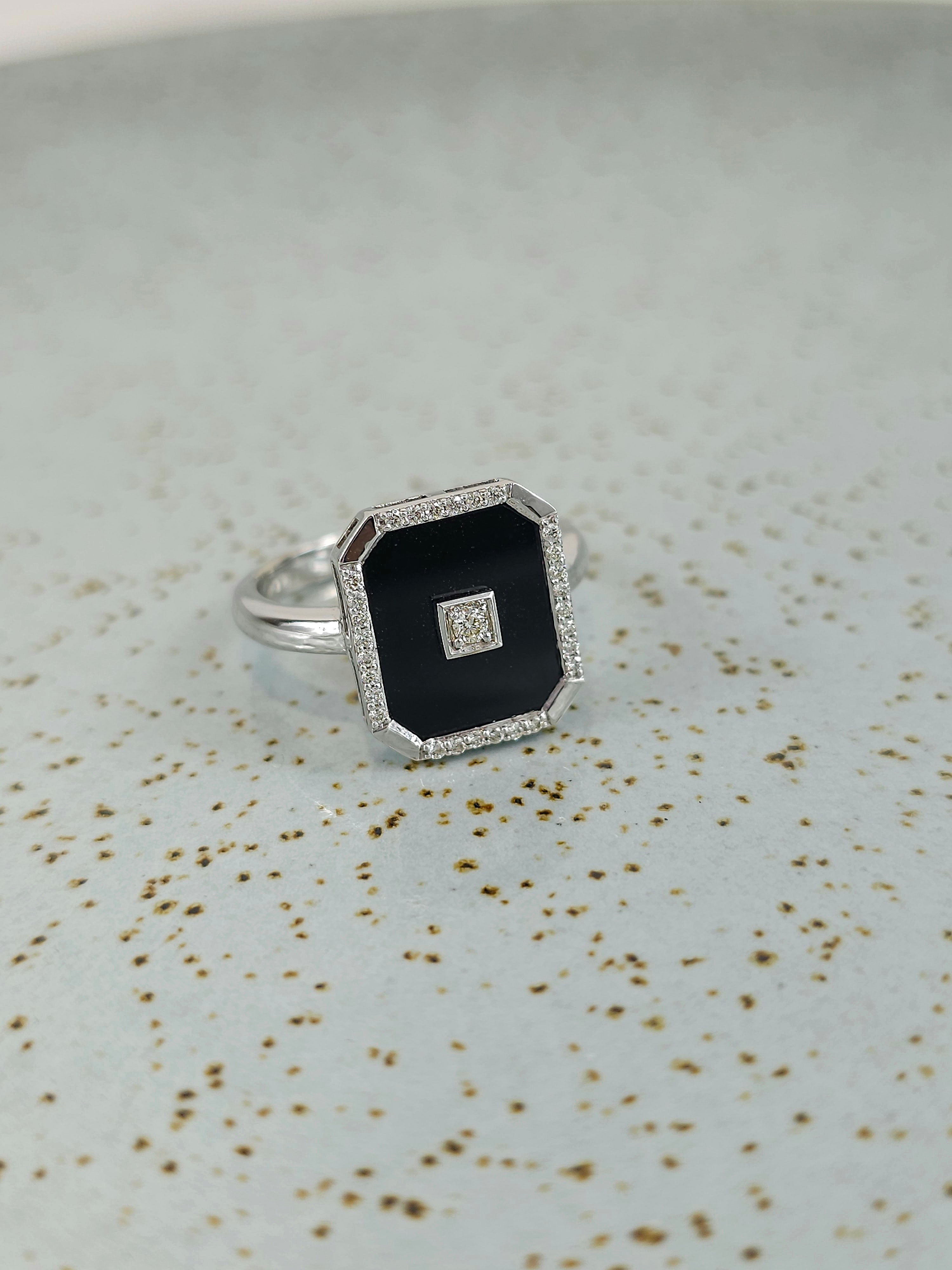 9ct White Gold, Onyx & Diamond Bezel Set Dress Ring