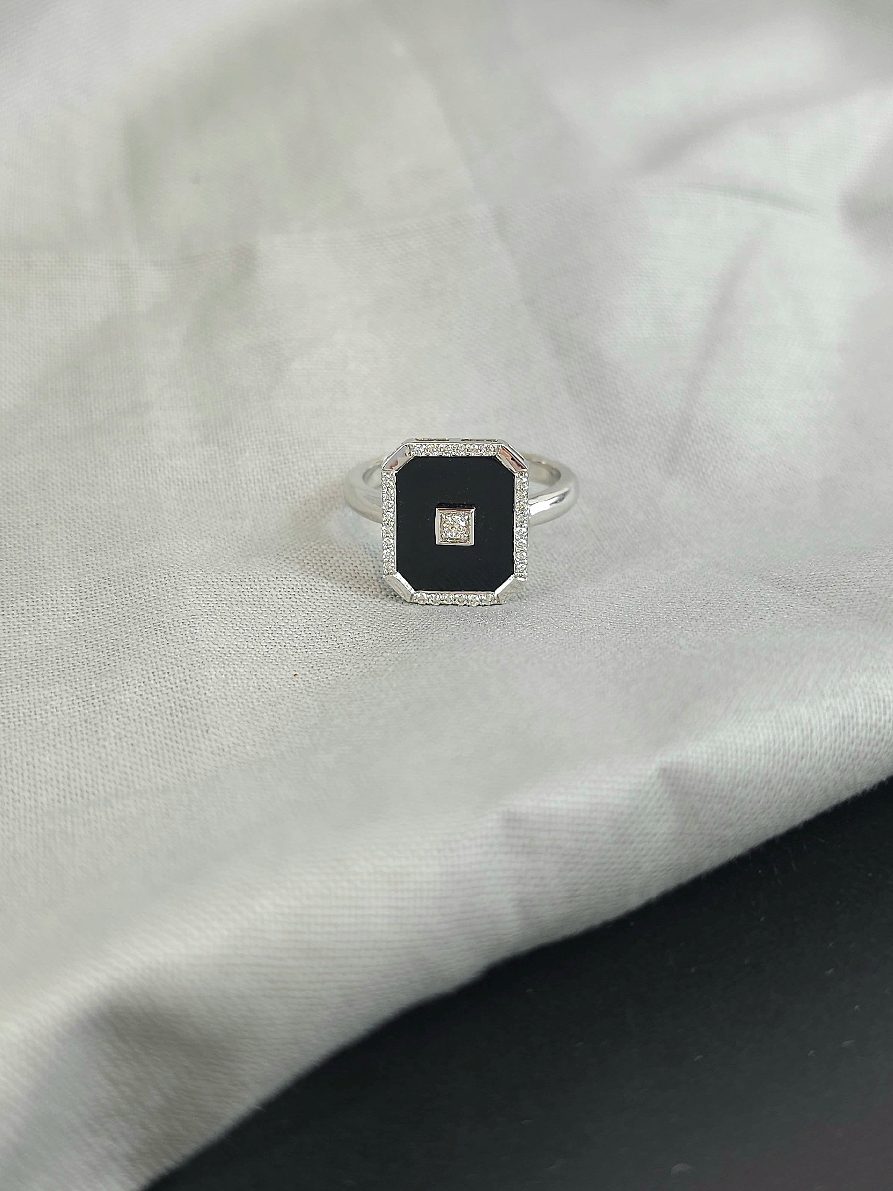 9ct White Gold, Onyx & Diamond Bezel Set Dress Ring