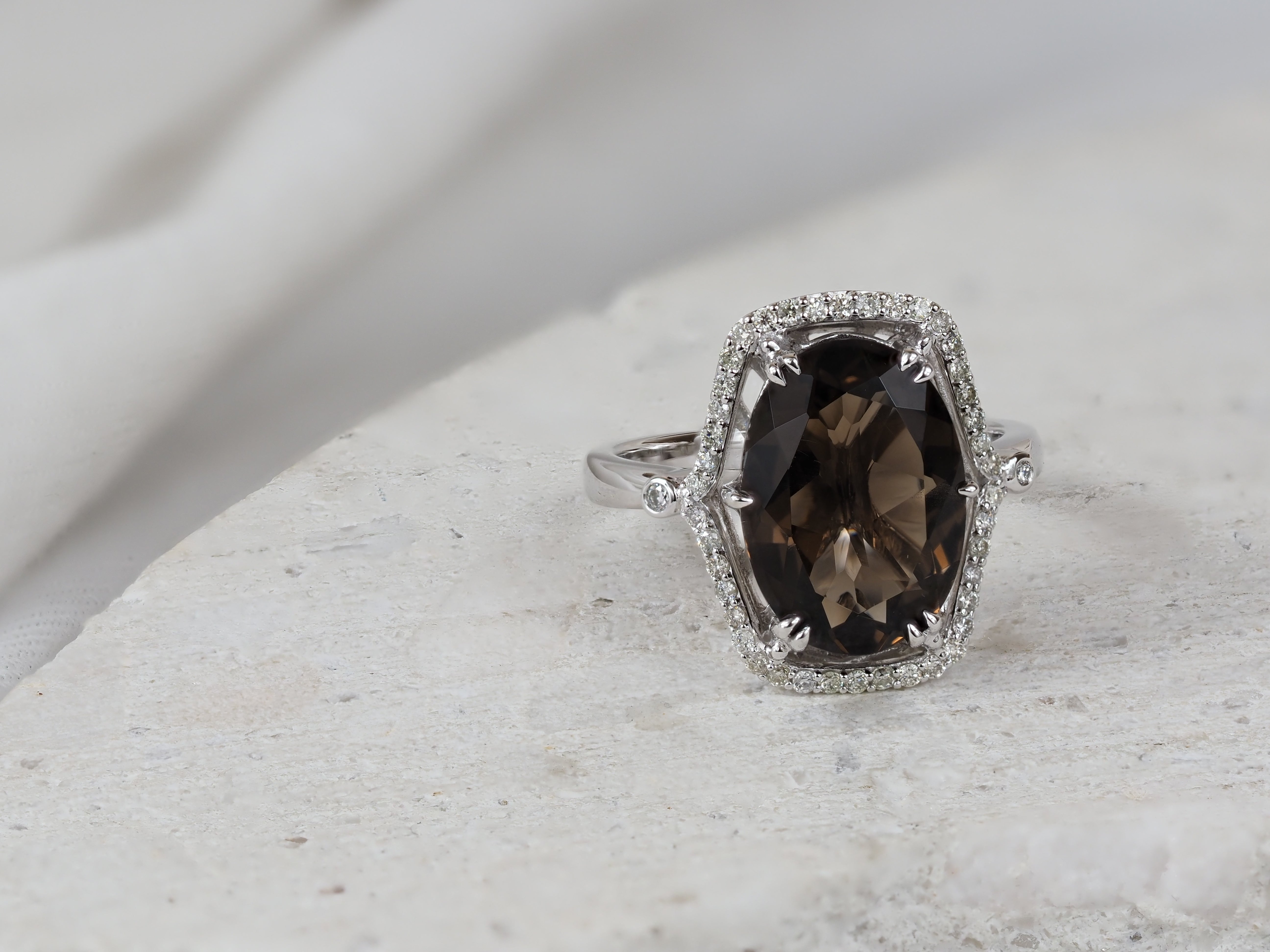 9ct White Gold Smokey Quartz and Diamond ring