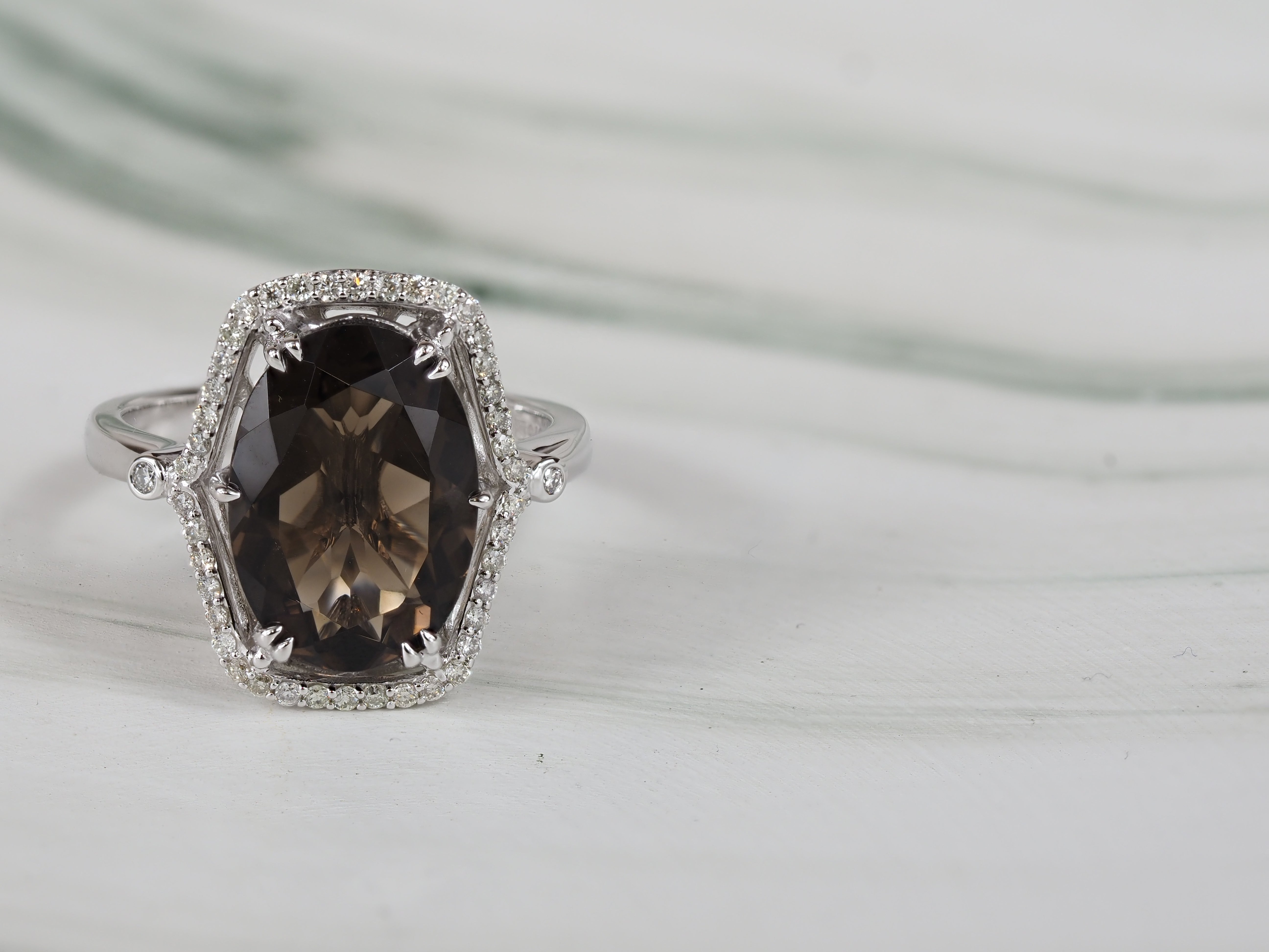 9ct White Gold Smokey Quartz and Diamond ring