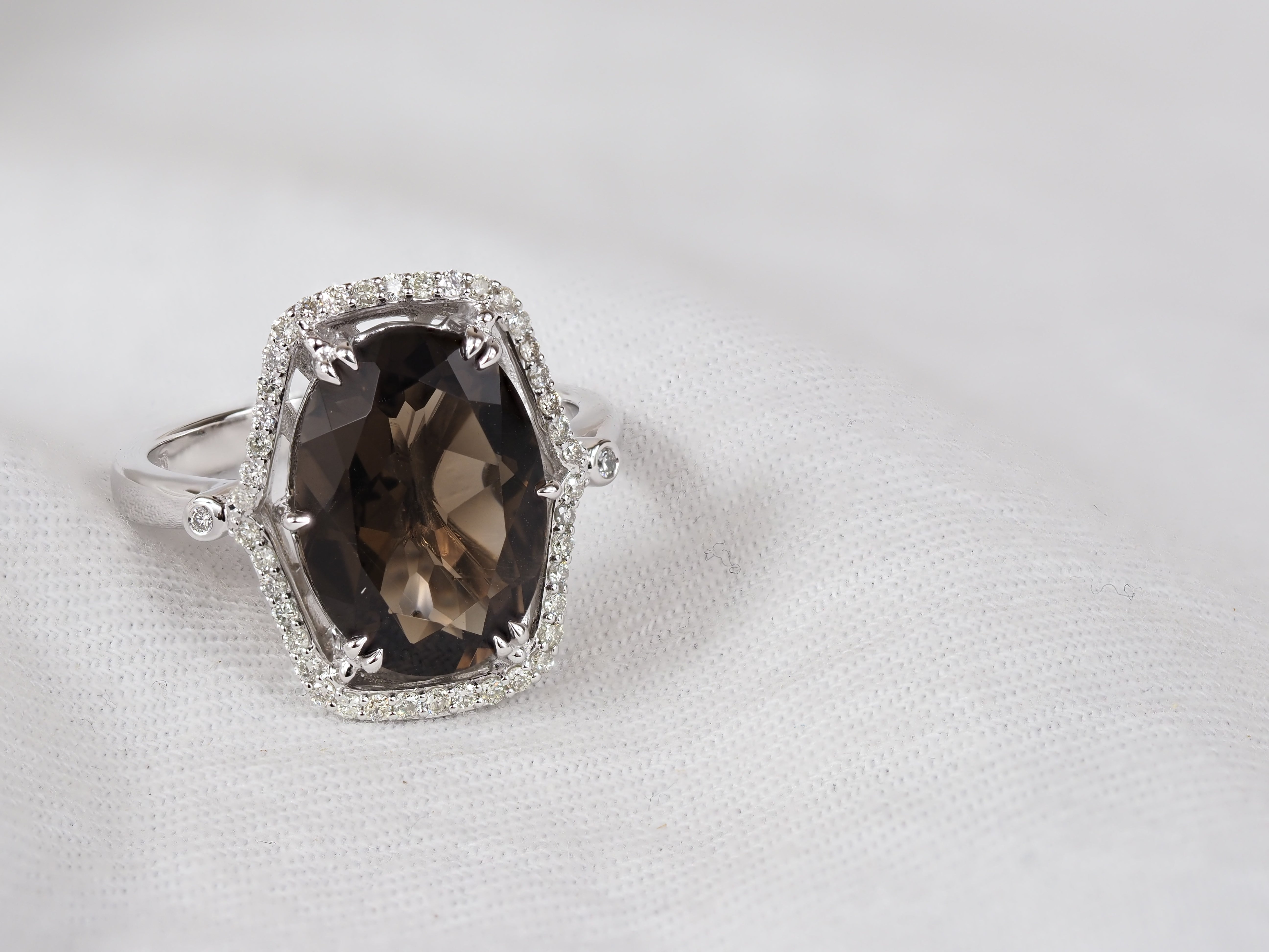 9ct White Gold Smokey Quartz and Diamond ring