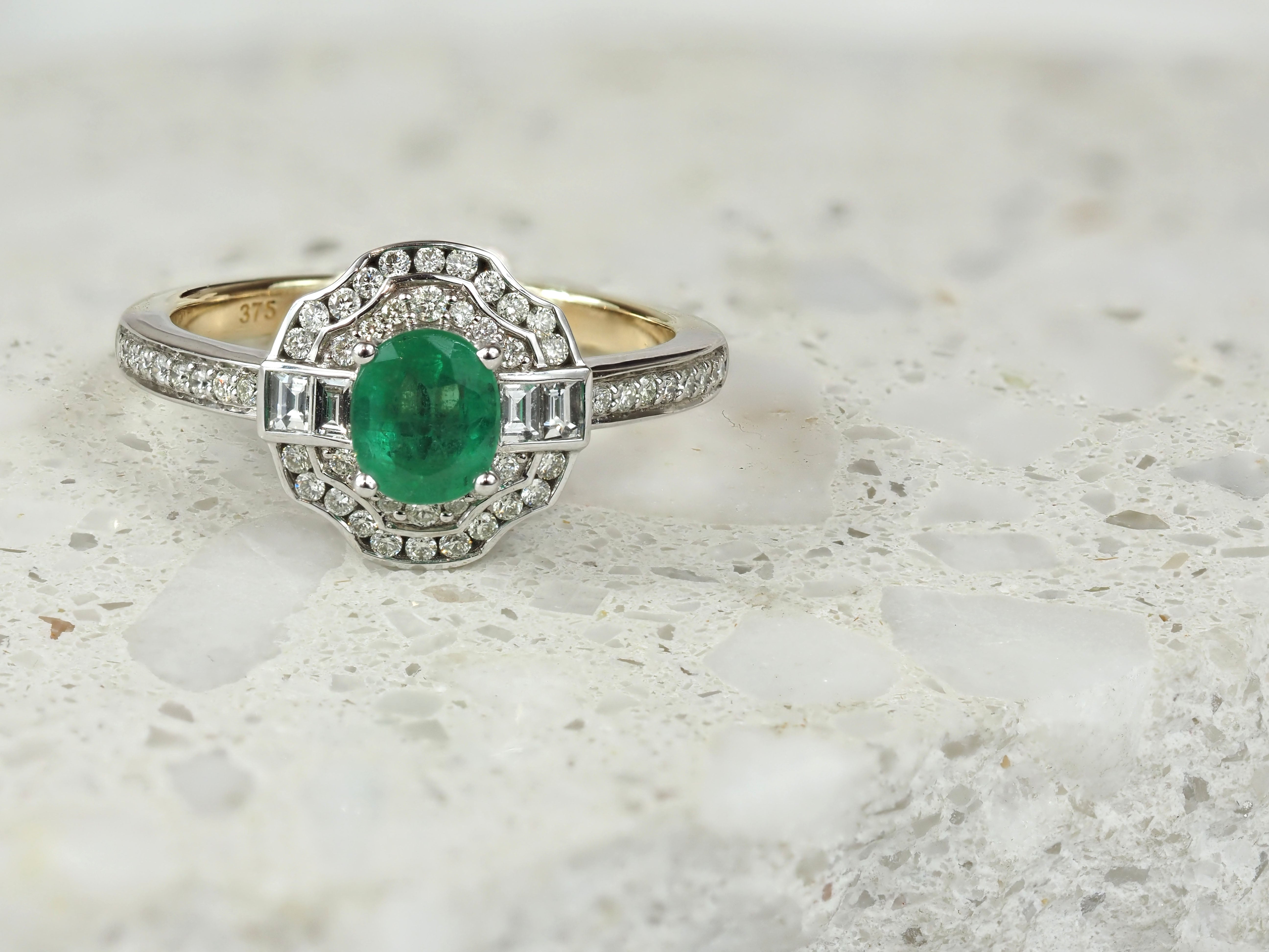 9ct Yellow and White gold Emerald and Diamond ring