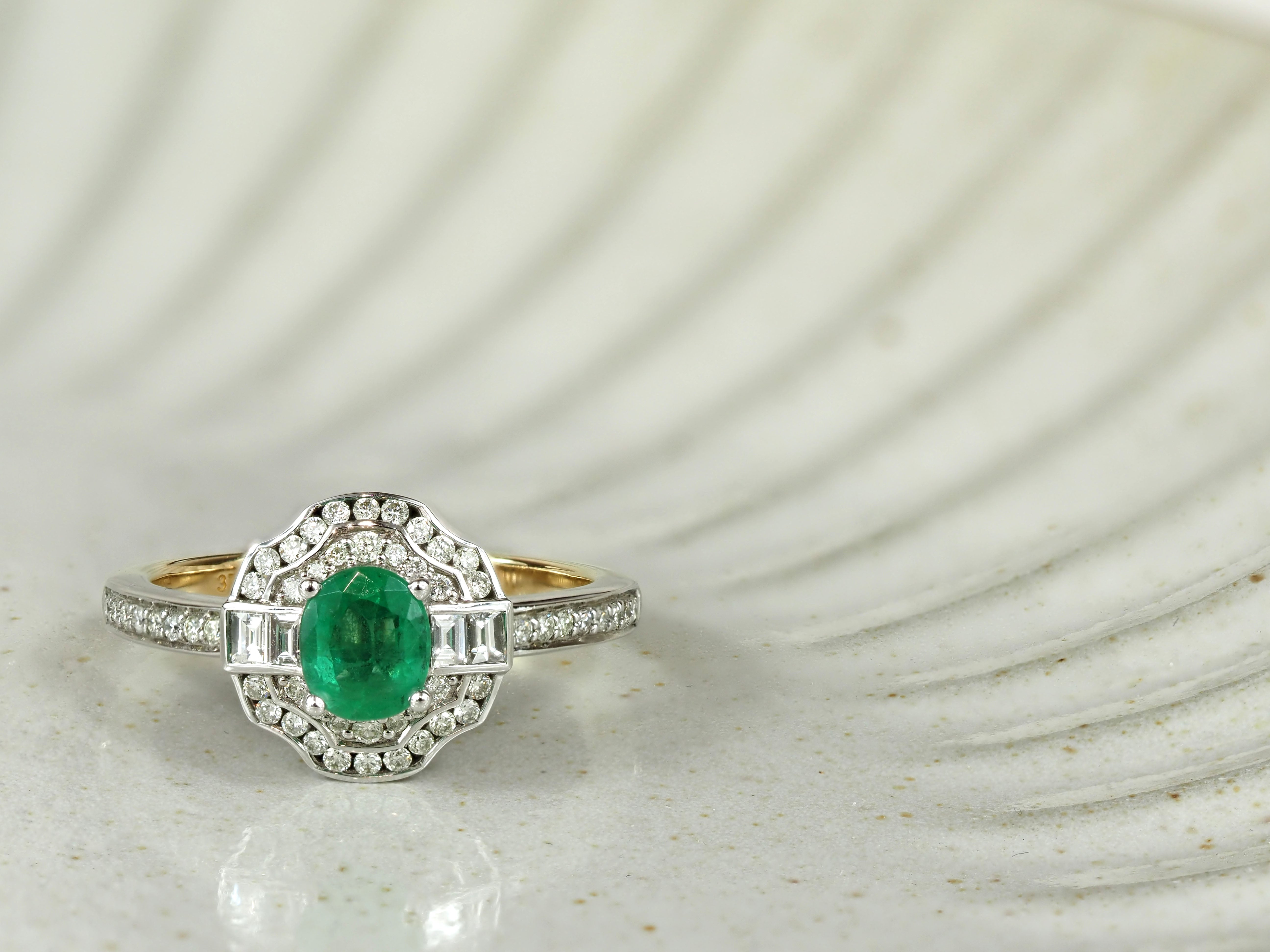 9ct Yellow and White gold Emerald and Diamond ring