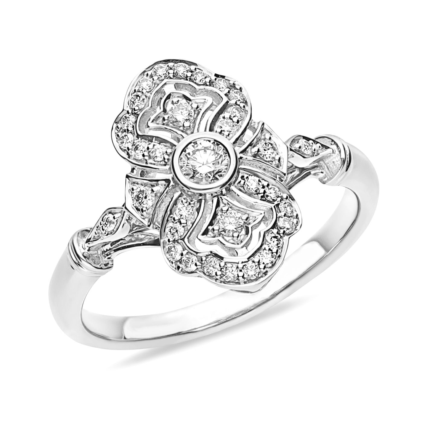 9ct White Gold Round Brillant cut Diamond Filigree ring