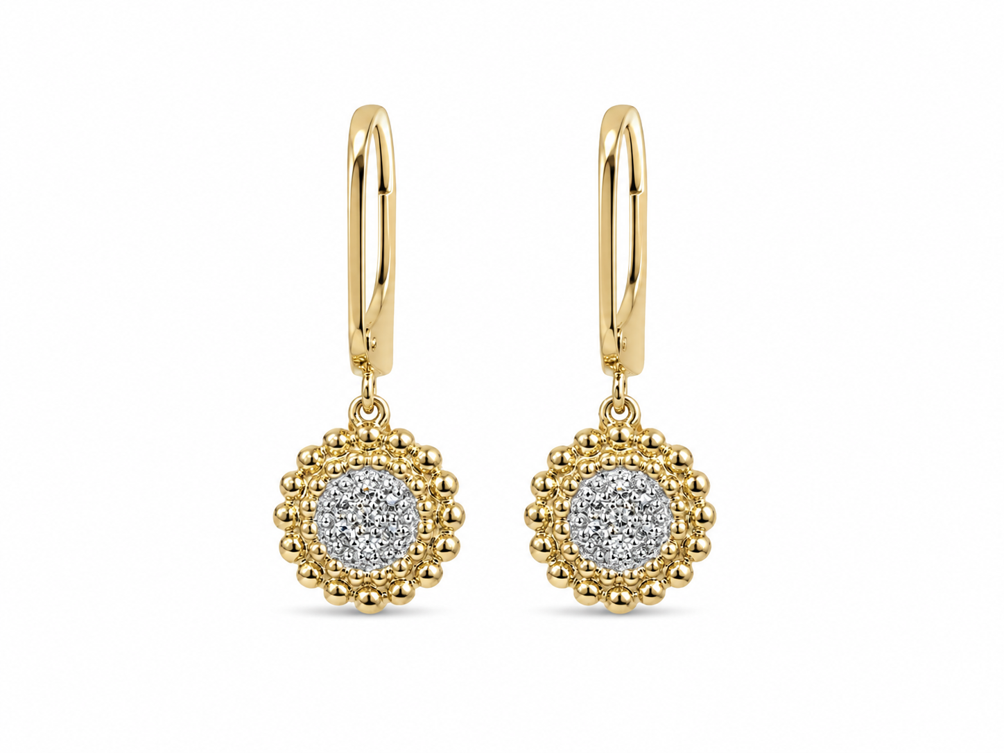 9ct Yellow and White Gold Beaded Diamond Cluster Drop Huggie Earrings