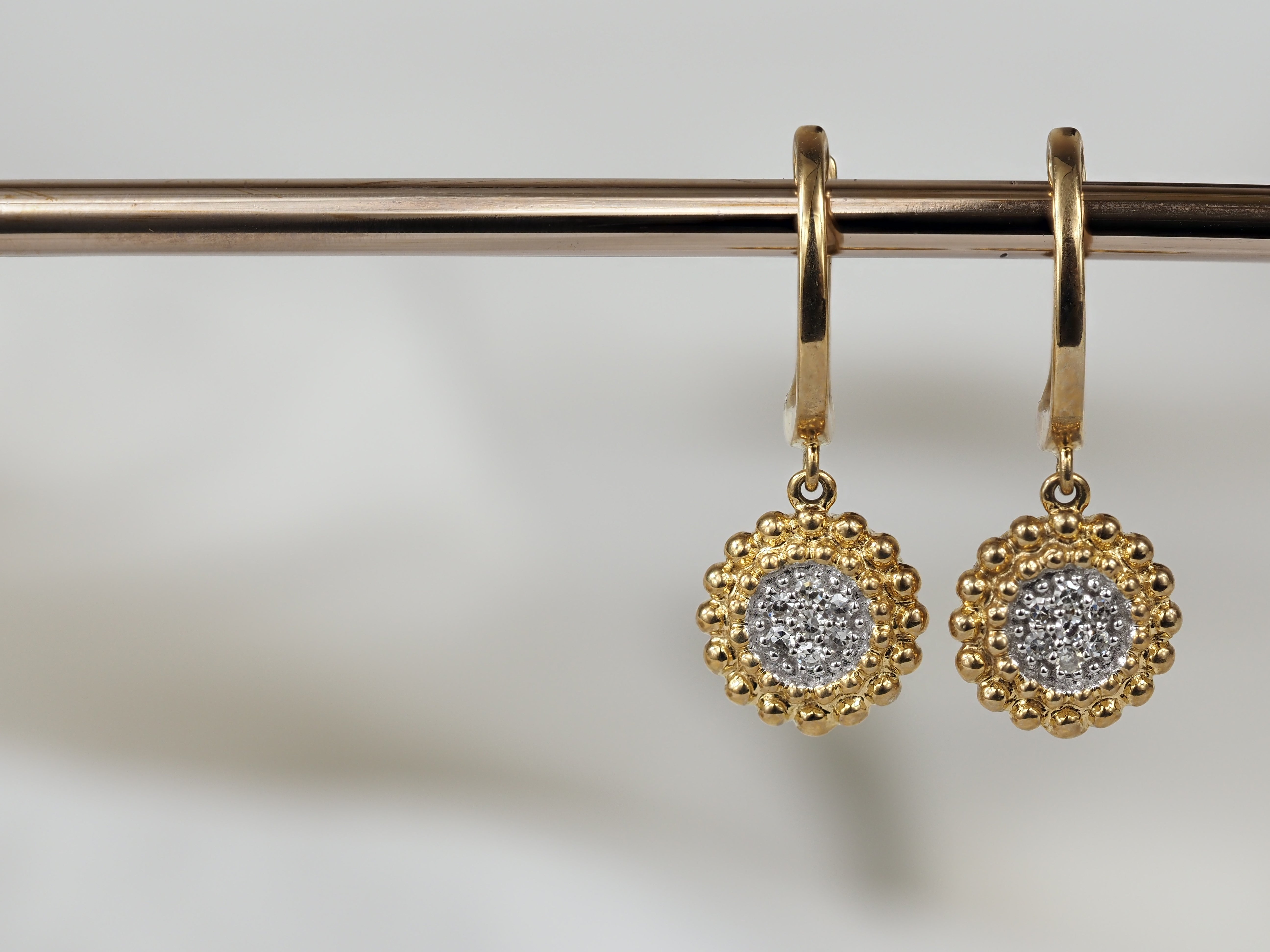 9ct Yellow and White Gold Beaded Diamond Cluster Drop Huggie Earrings