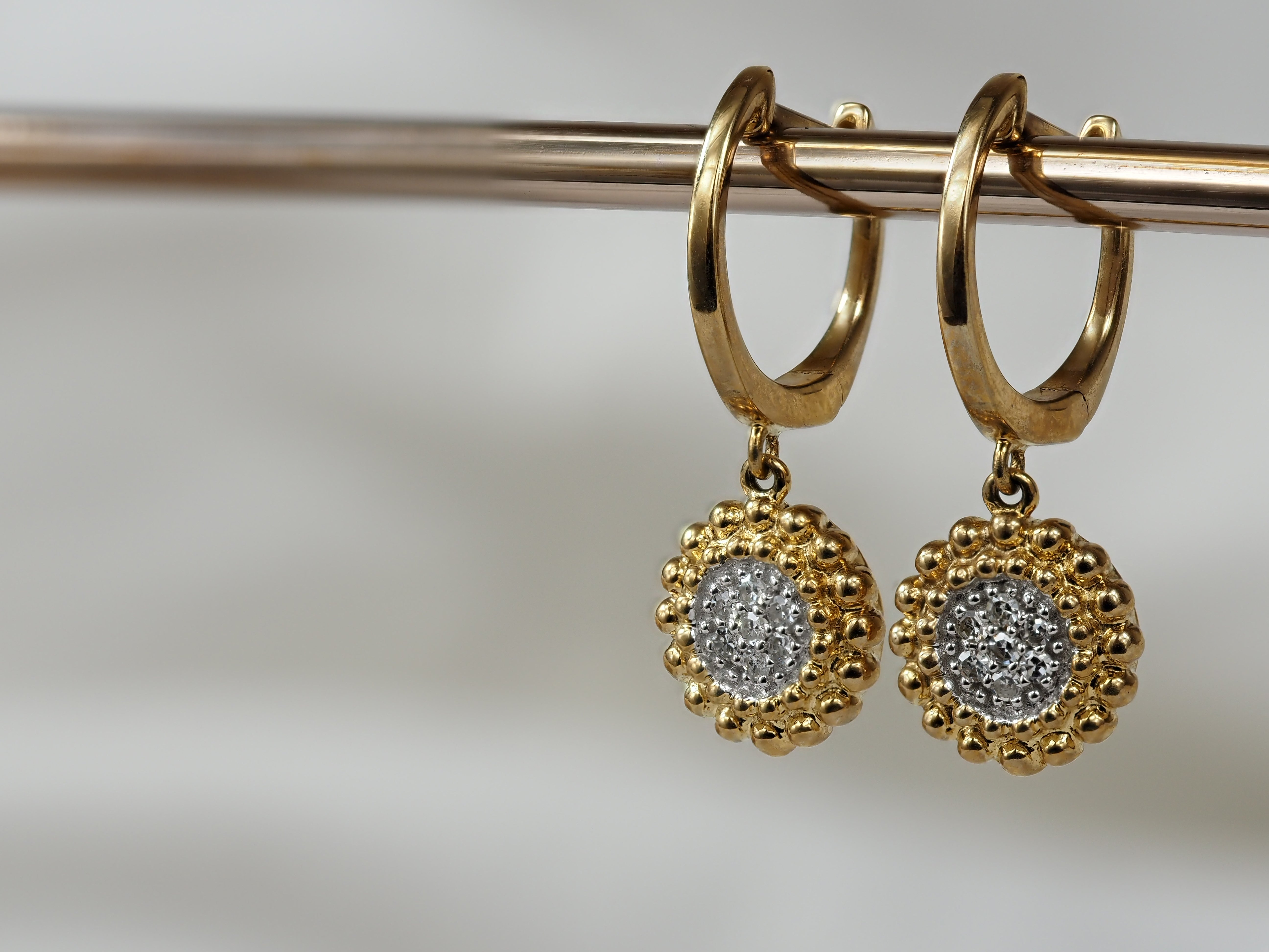 9ct Yellow and White Gold Beaded Diamond Cluster Drop Huggie Earrings