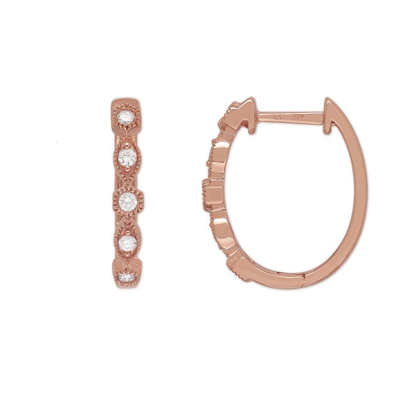 9ct Rose Gold Round and Marquis shaped Diamond Huggies, 0.17ct total