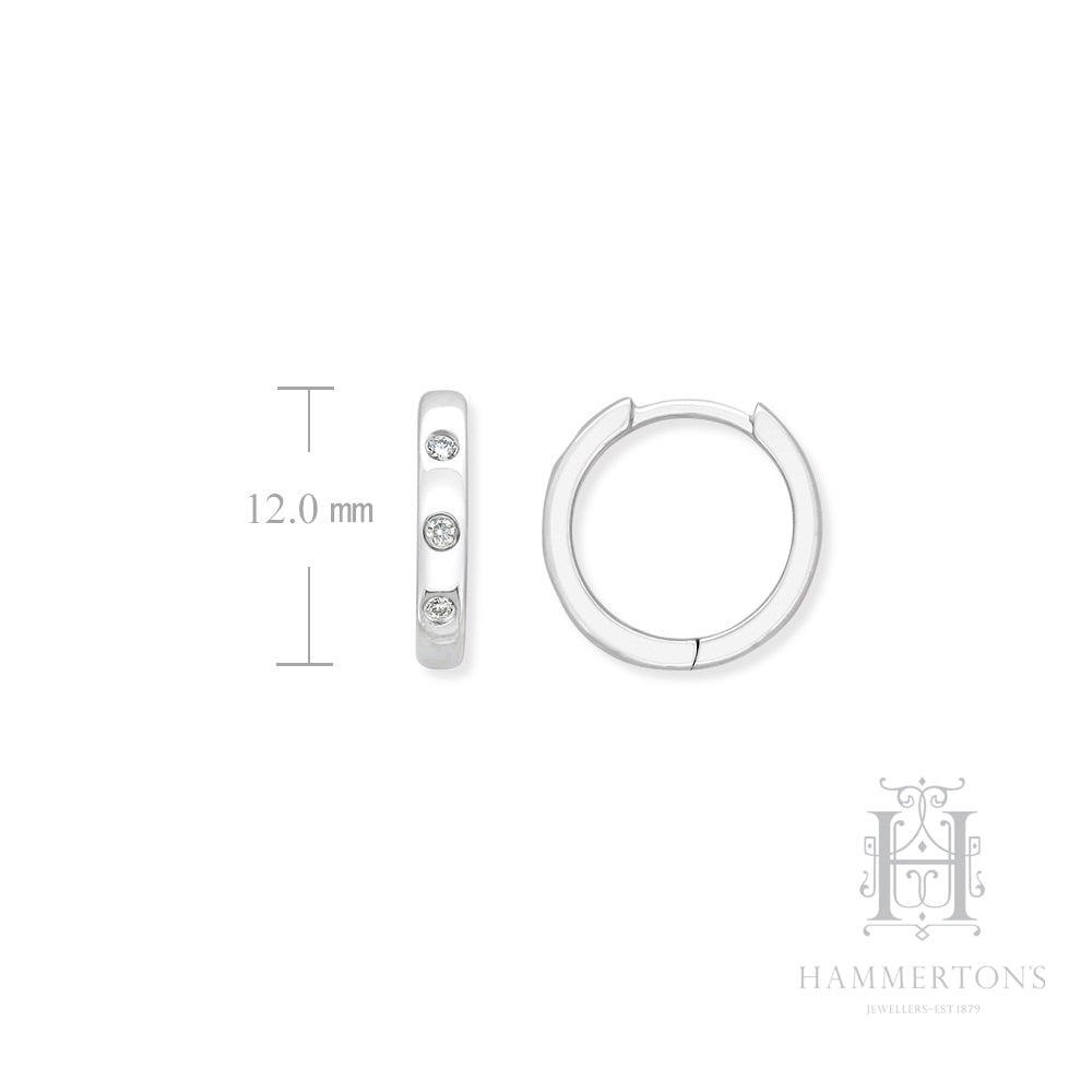 9ct White Gold 0.05Ct Diamond Hammer Set Huggie Earrings