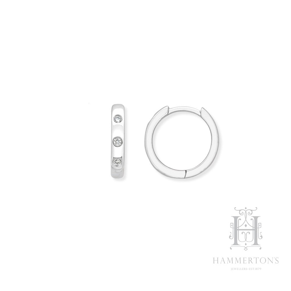 9ct White Gold 0.05Ct Diamond Hammer Set Huggie Earrings