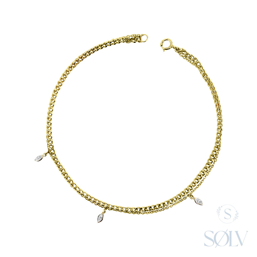 Solv Sterling Silver Gold Plated Cubic Zirconia Anklet, 24cm