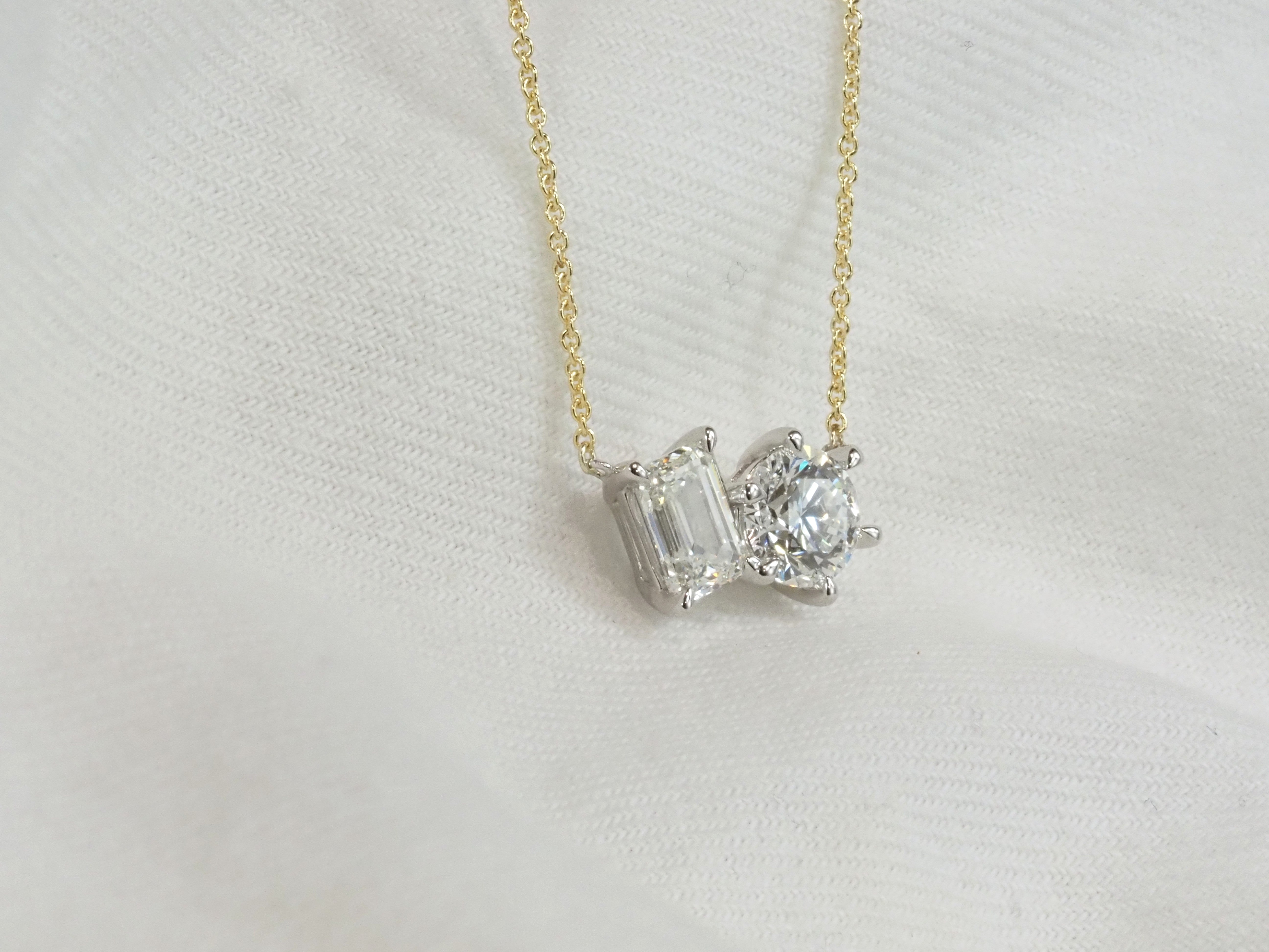 9ct Yellow and White Gold Emerald Cut and Round Lab-Grown Diamond Pendant, 1.52ct Total
