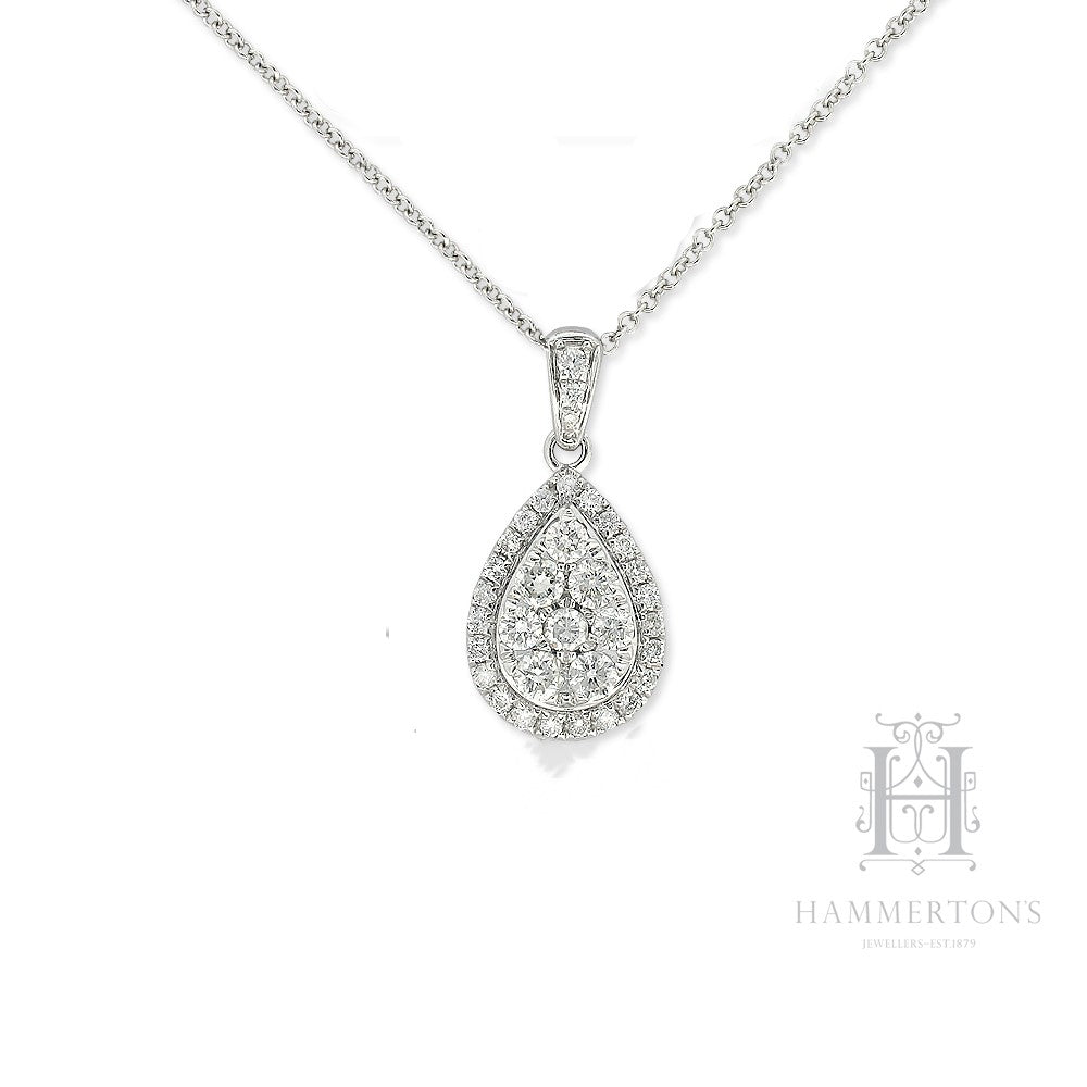 9ct White Gold Pear Shaped cluster Diamond pendant, equaling 0.52ct