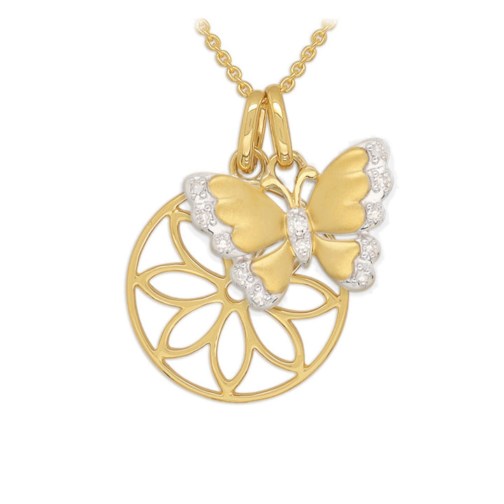 9ct Yellow and White Gold Diamond set Butterfly pendant and cut out flower pendant