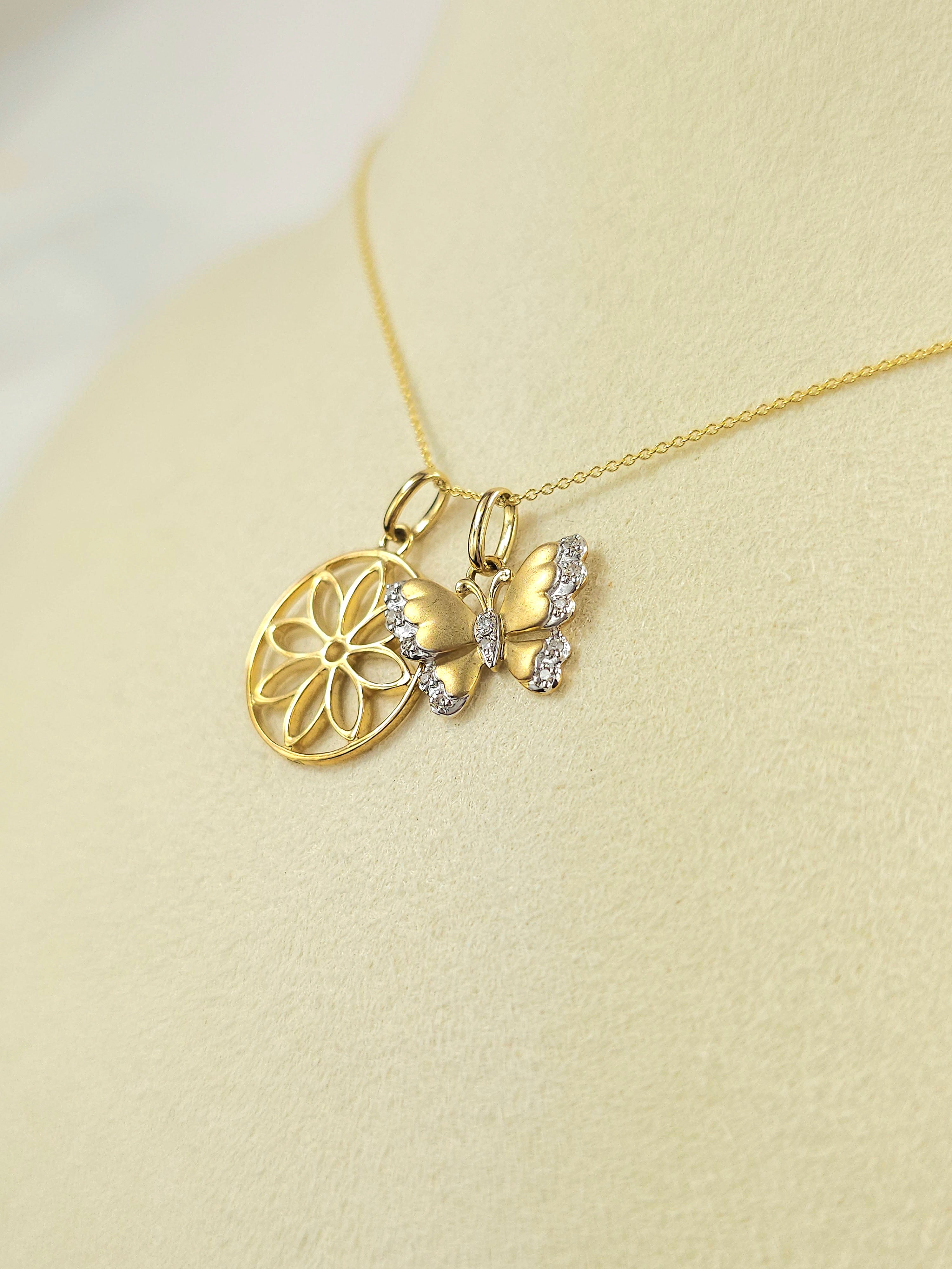 9ct Yellow and White Gold Diamond set Butterfly pendant and cut out flower pendant