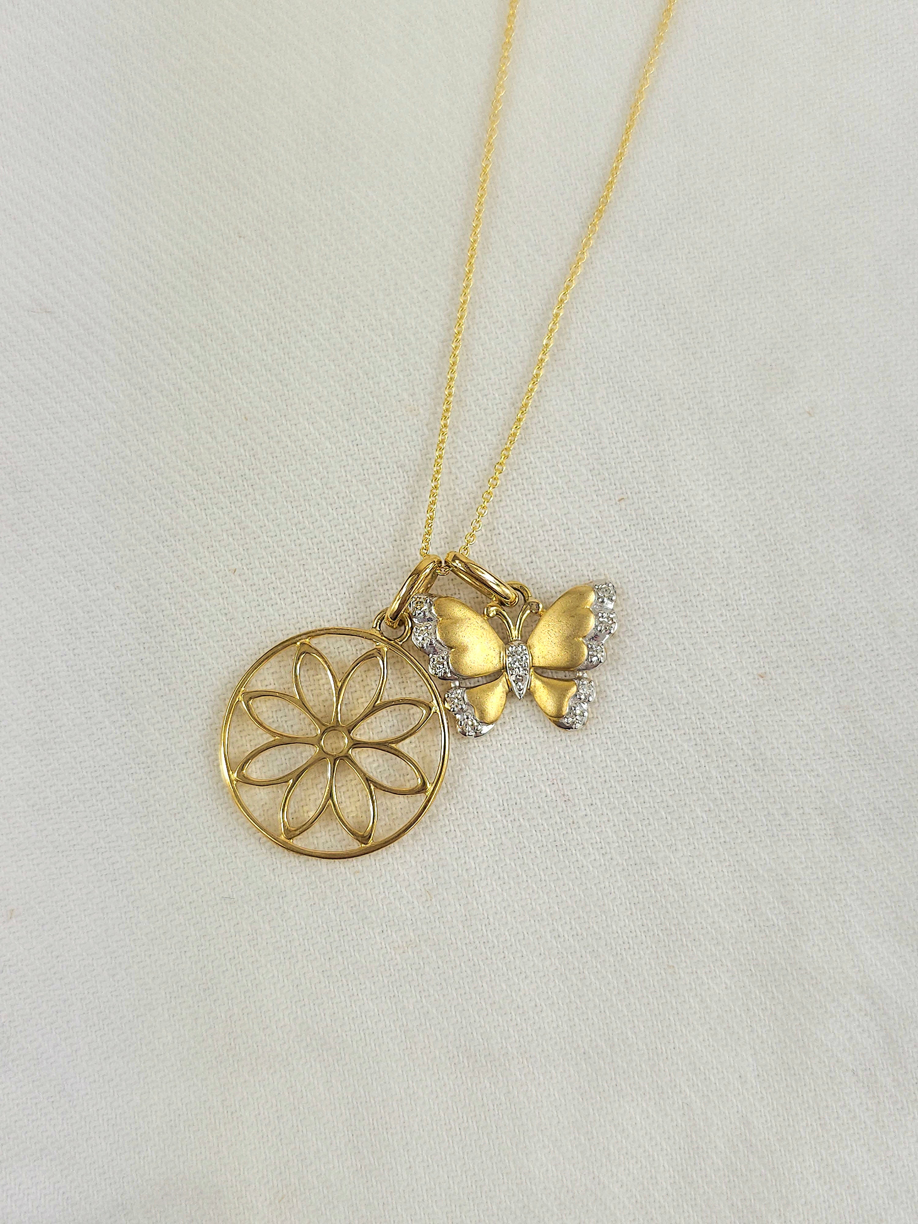 9ct Yellow and White Gold Diamond set Butterfly pendant and cut out flower pendant