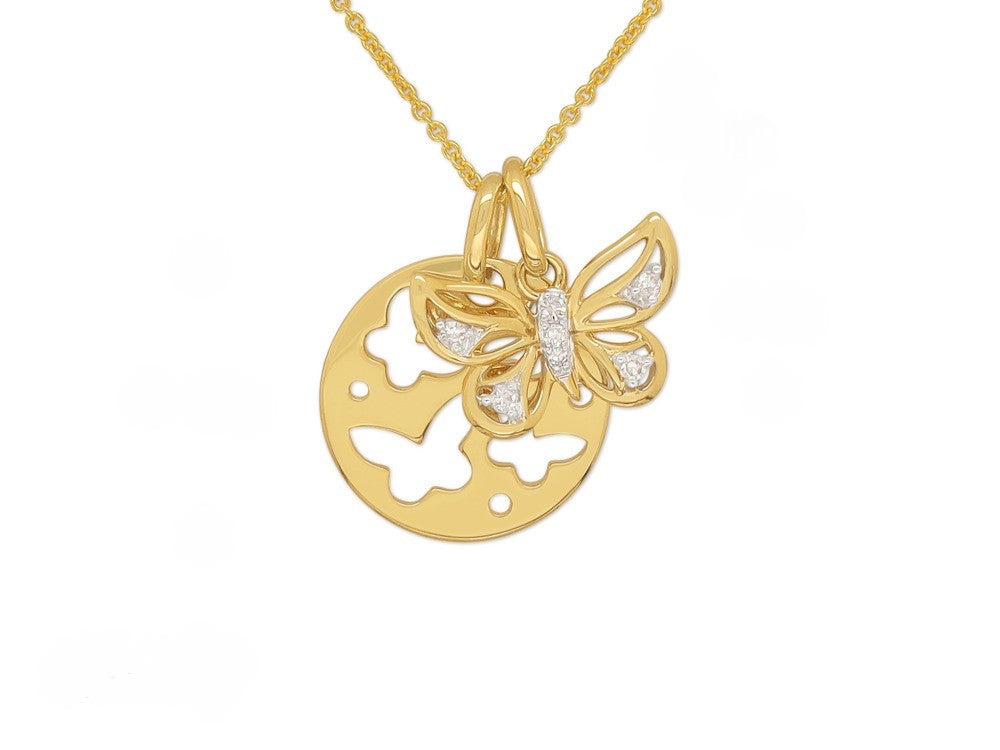 9ct Yellow and White Gold Diamond set butterfly and disc necklet