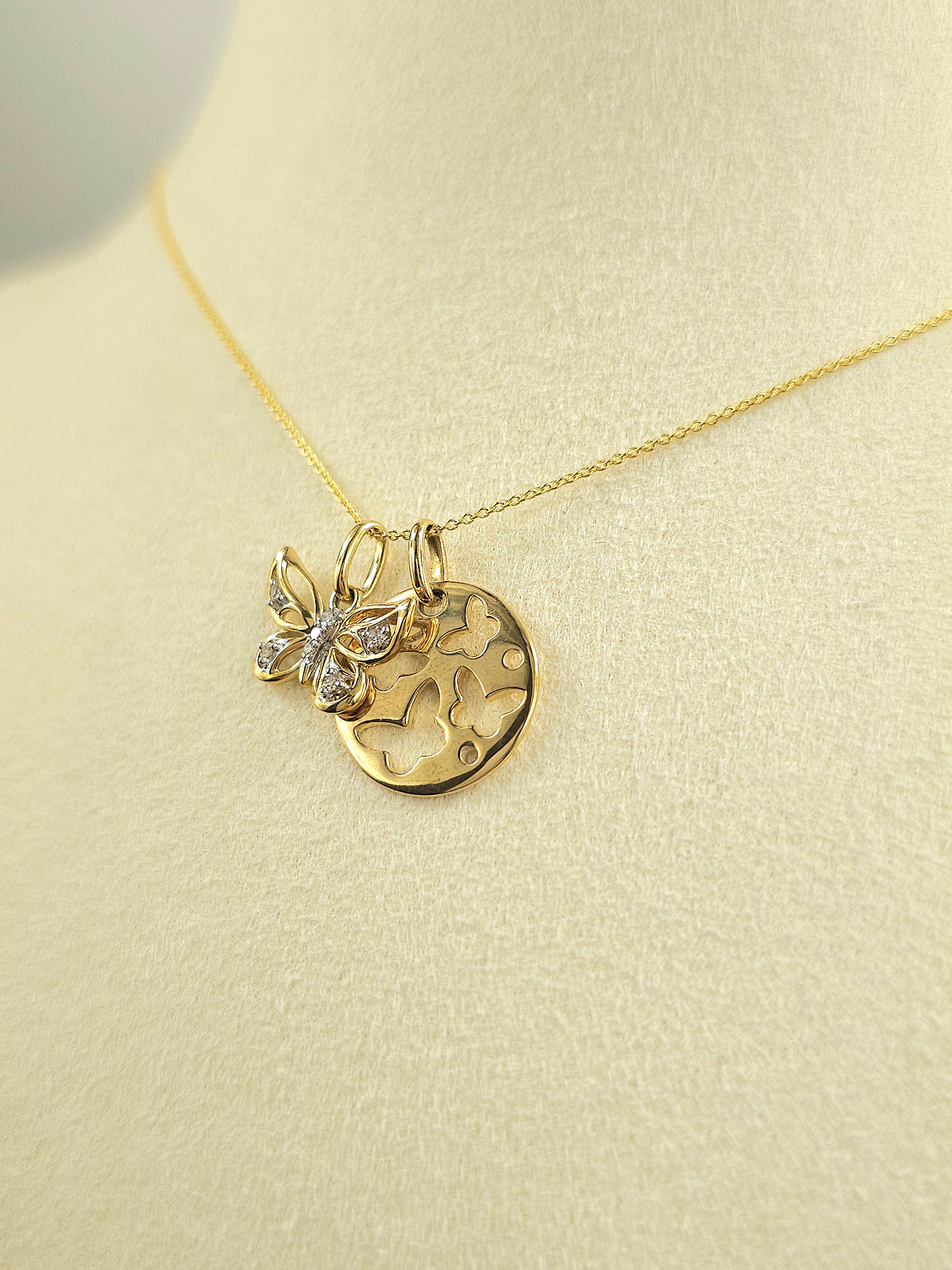 9ct Yellow and White Gold Diamond set butterfly and disc necklet