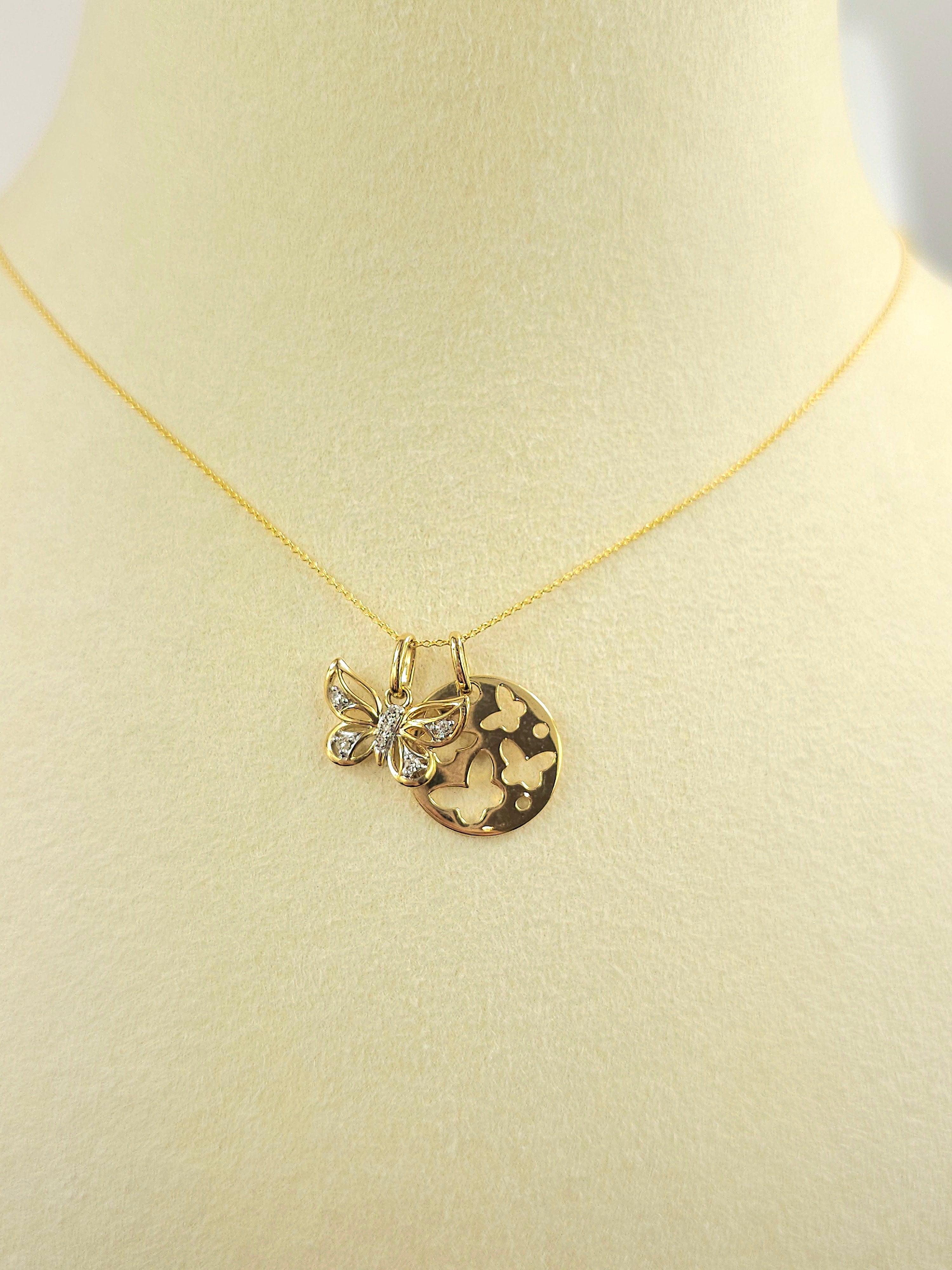 9ct Yellow and White Gold Diamond set butterfly and disc necklet