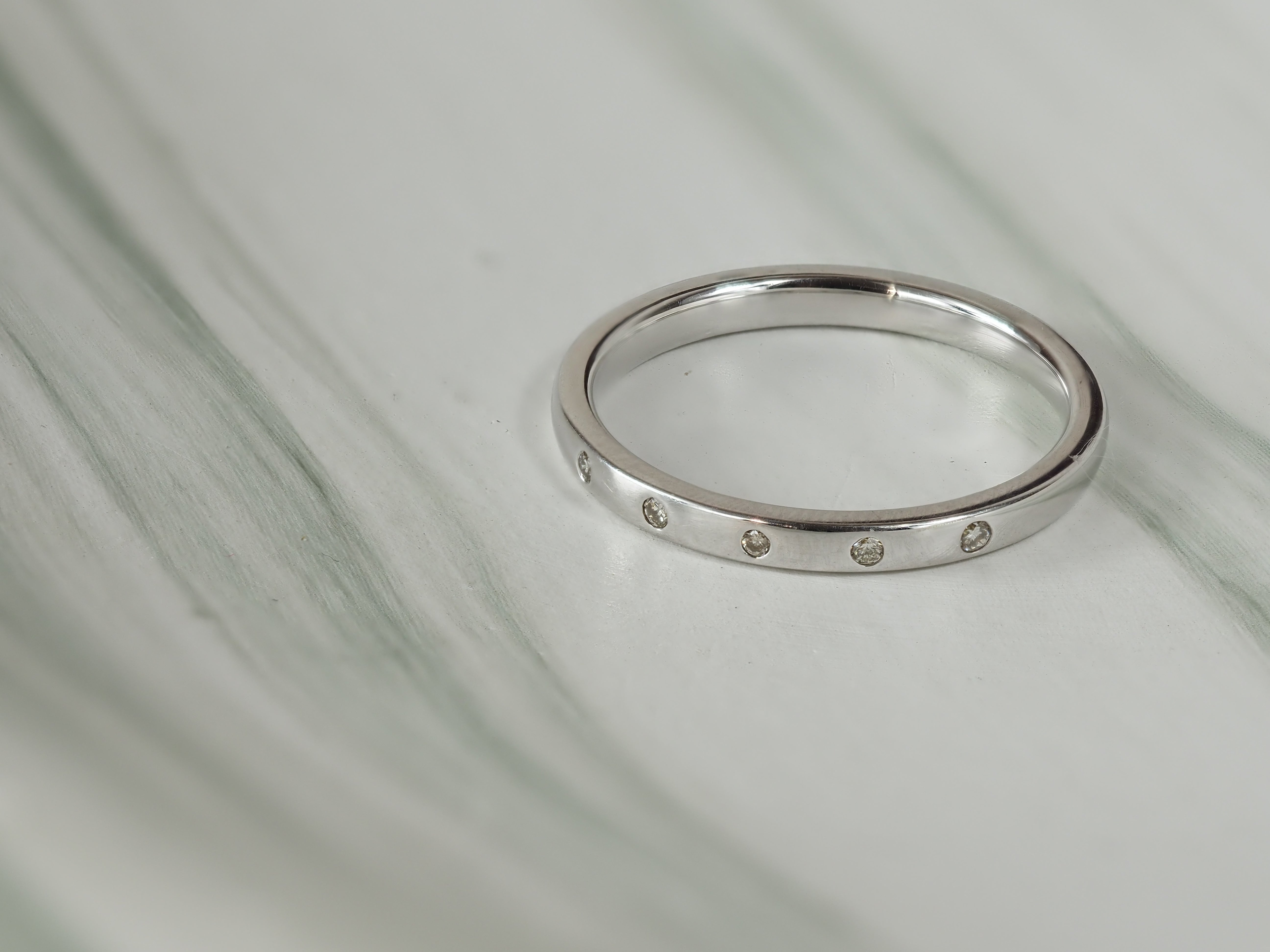9ct White Gold Hammered Set Diamond Ring, 0.05ct Total
