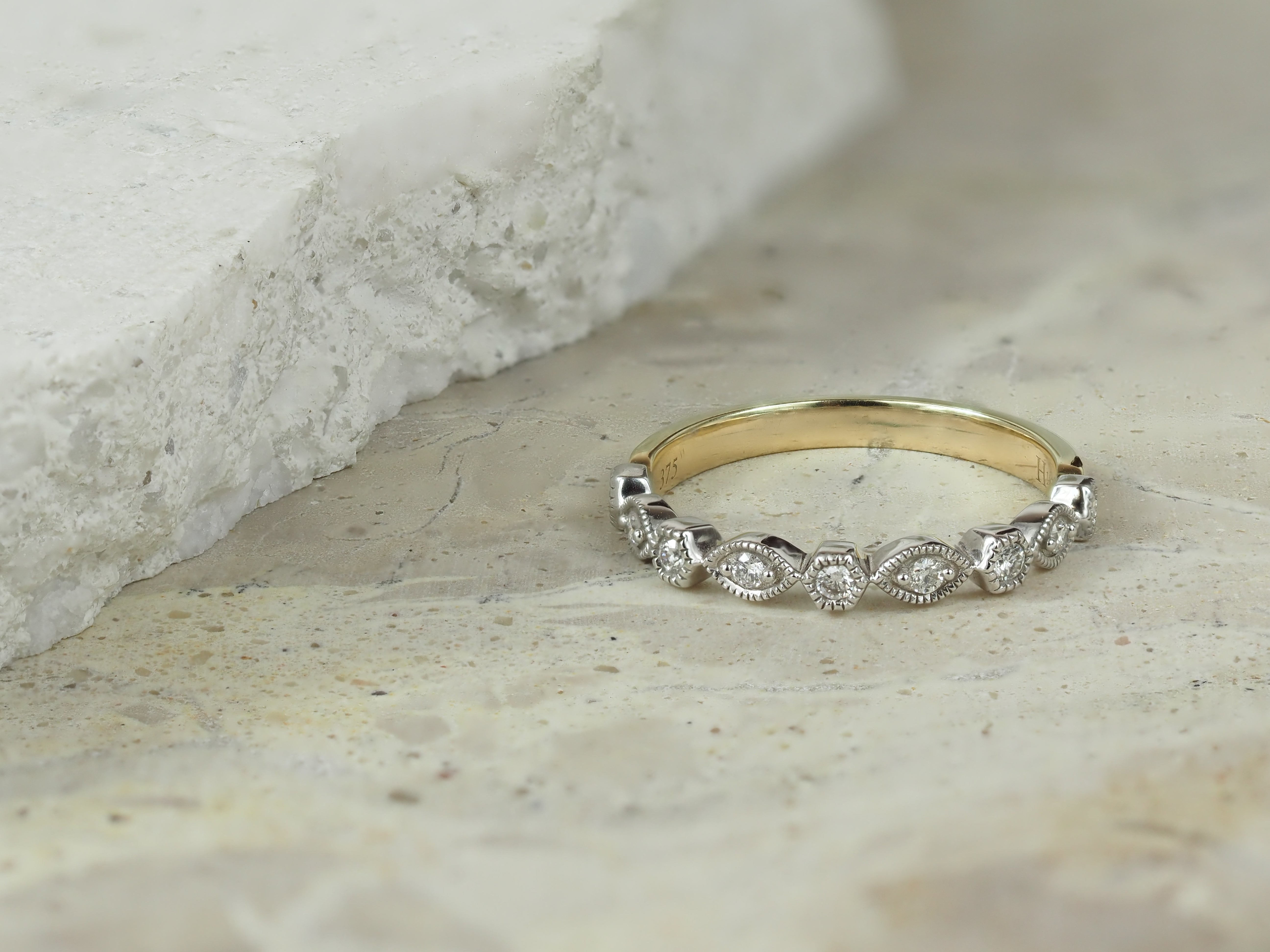 9ct Yellow and White Gold Vintage Style Diamond ring, 0.15ct total
