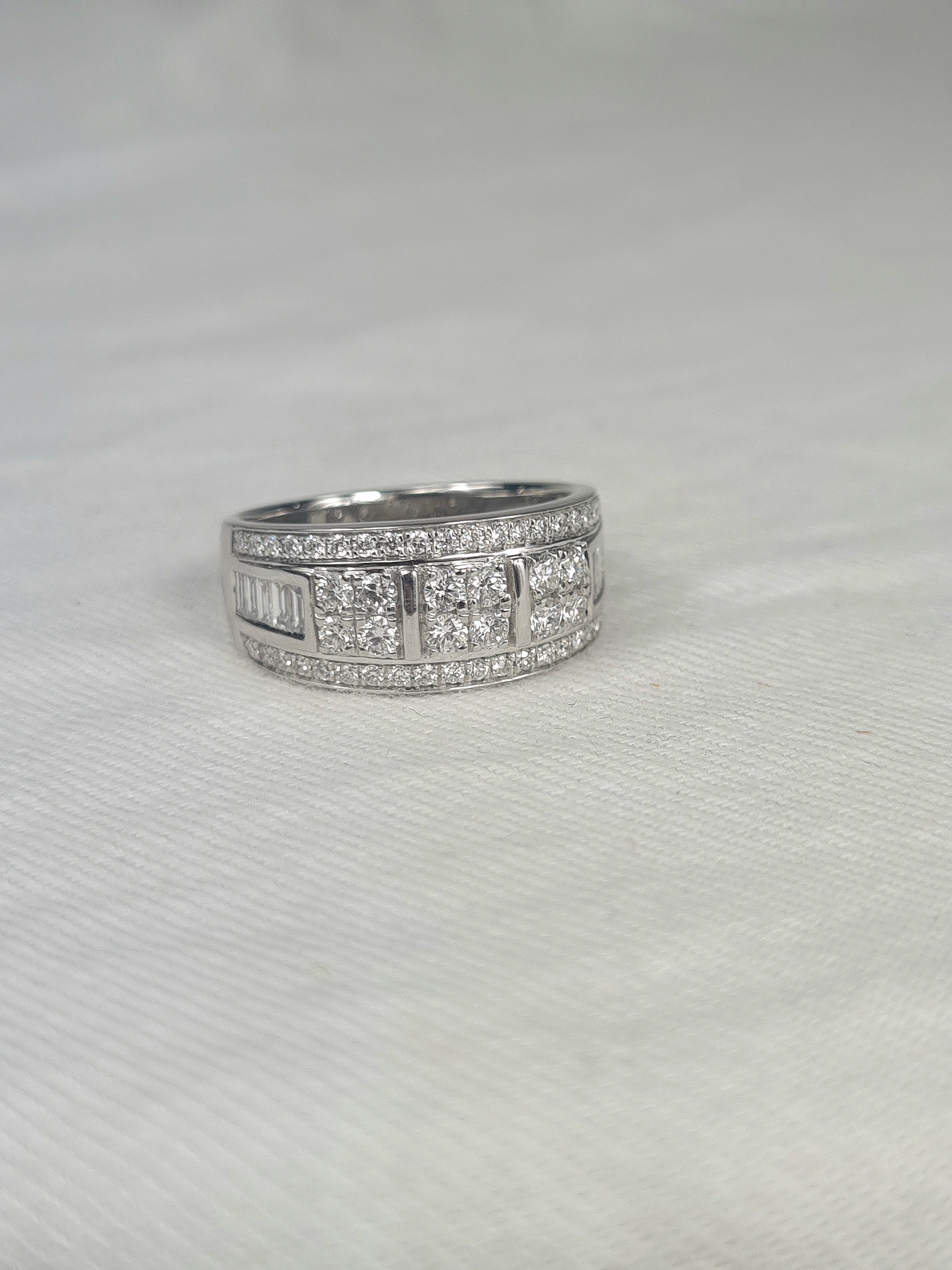 18ct White gold Round Brilliant and Baguette cut Diamond wide dress ring