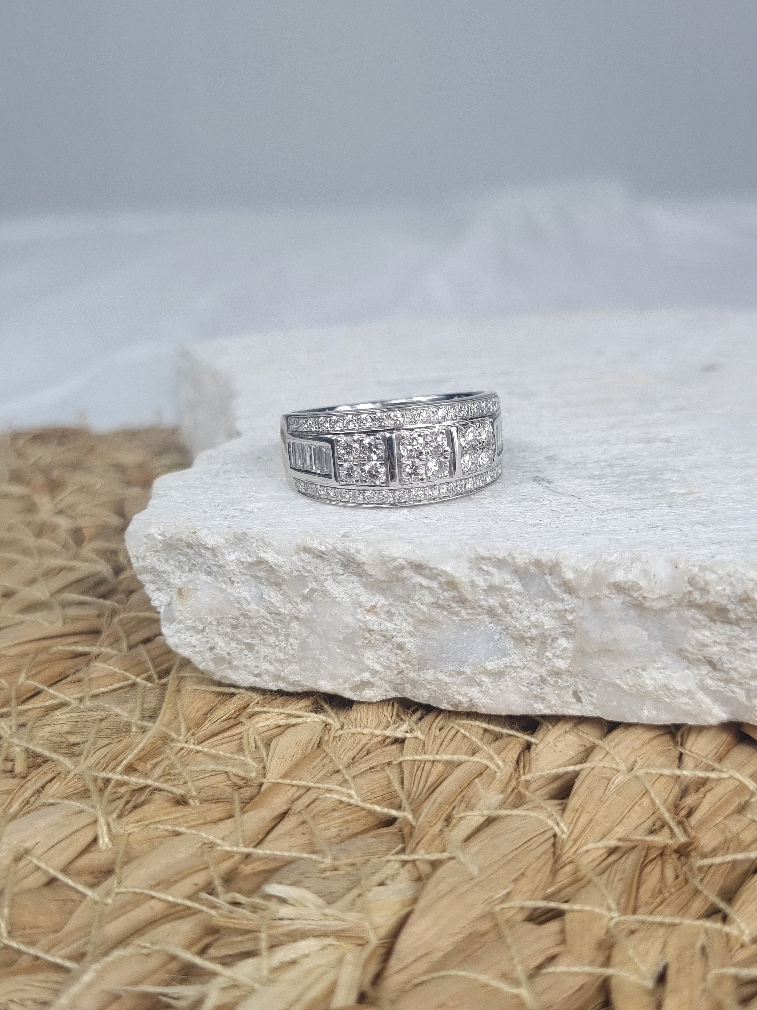 18ct White gold Round Brilliant and Baguette cut Diamond wide dress ring