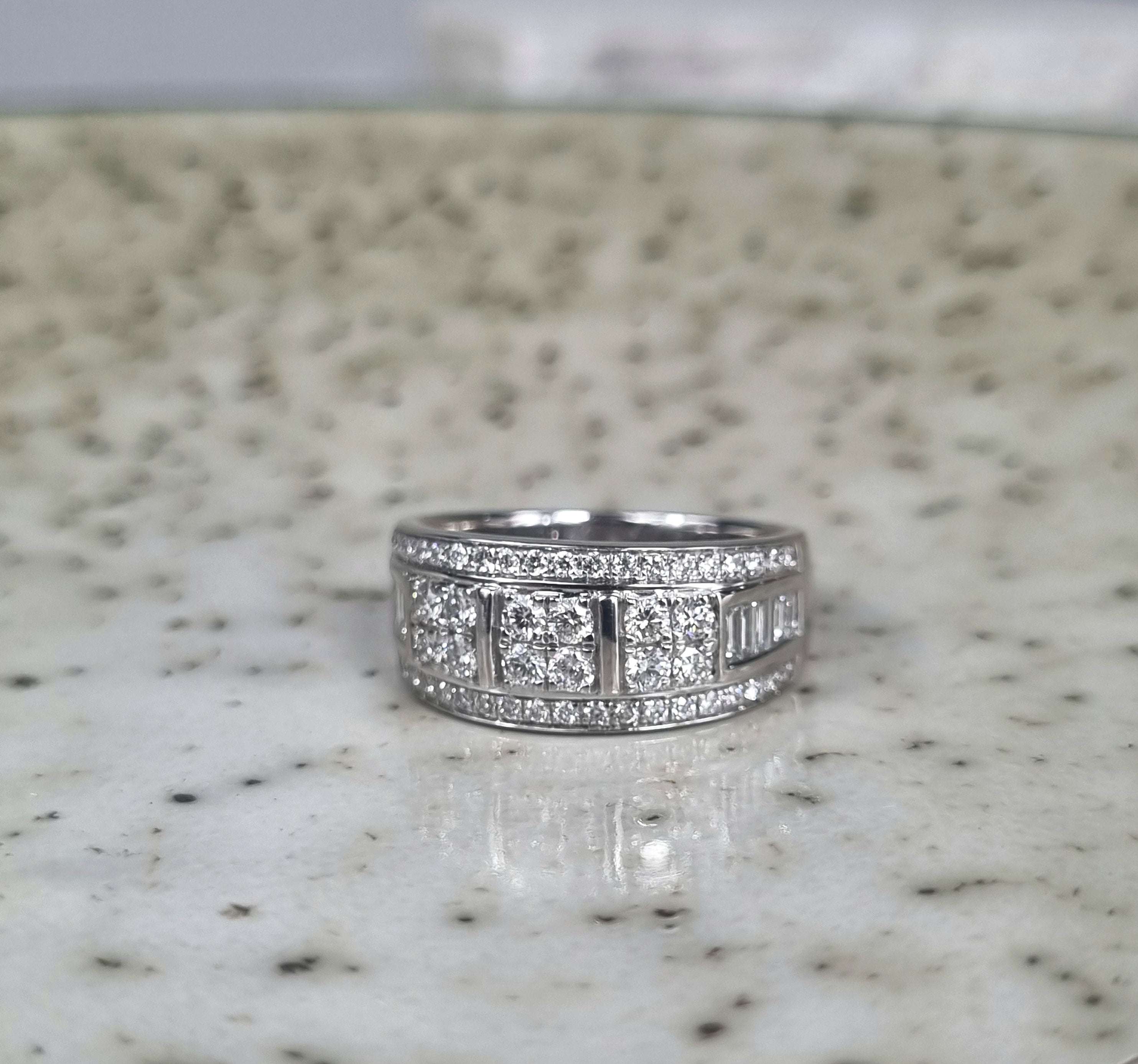 18ct White gold Round Brilliant and Baguette cut Diamond wide dress ring