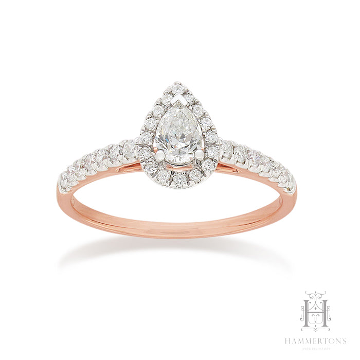 9ct Rose and White Gold Pear cut Diamond halo engagement ring