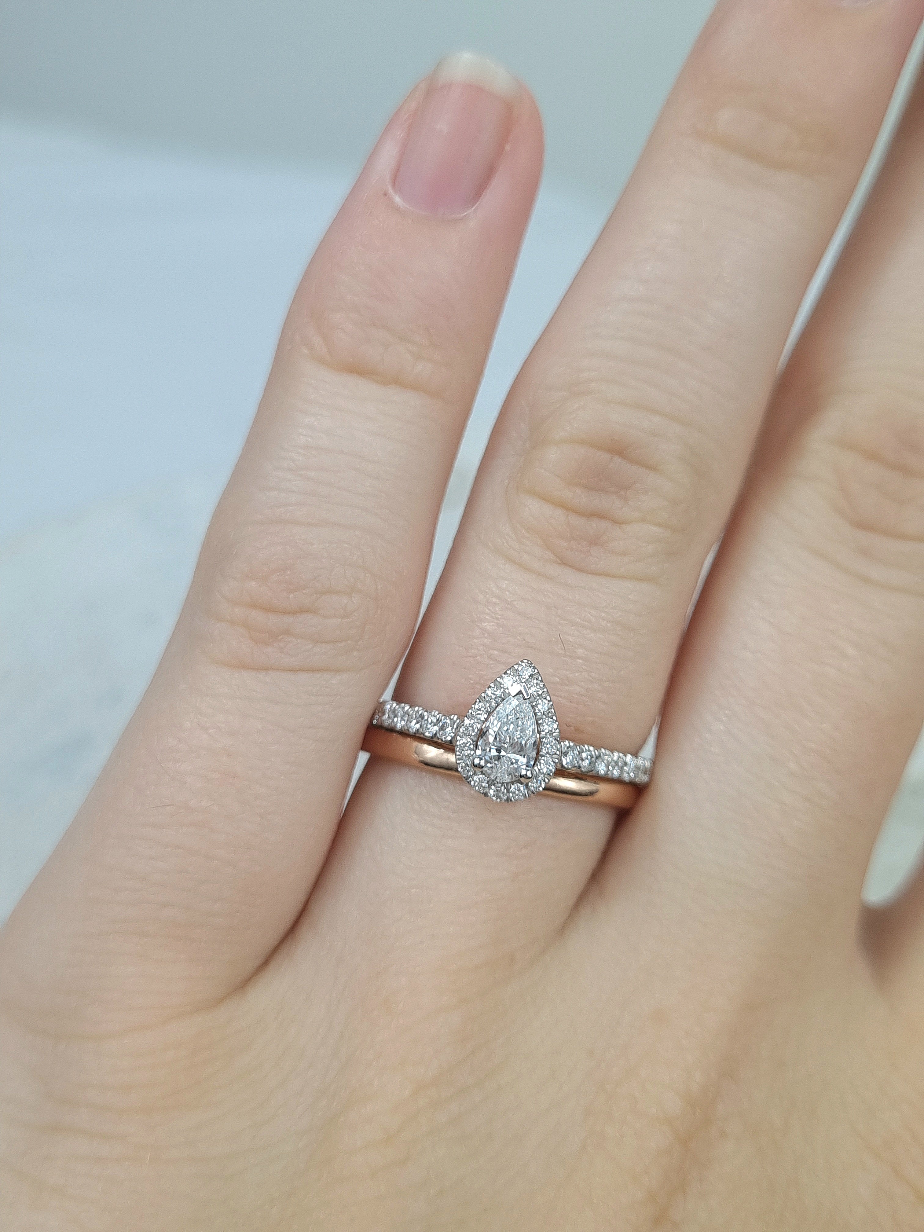 9ct Rose and White Gold Pear cut Diamond halo engagement ring