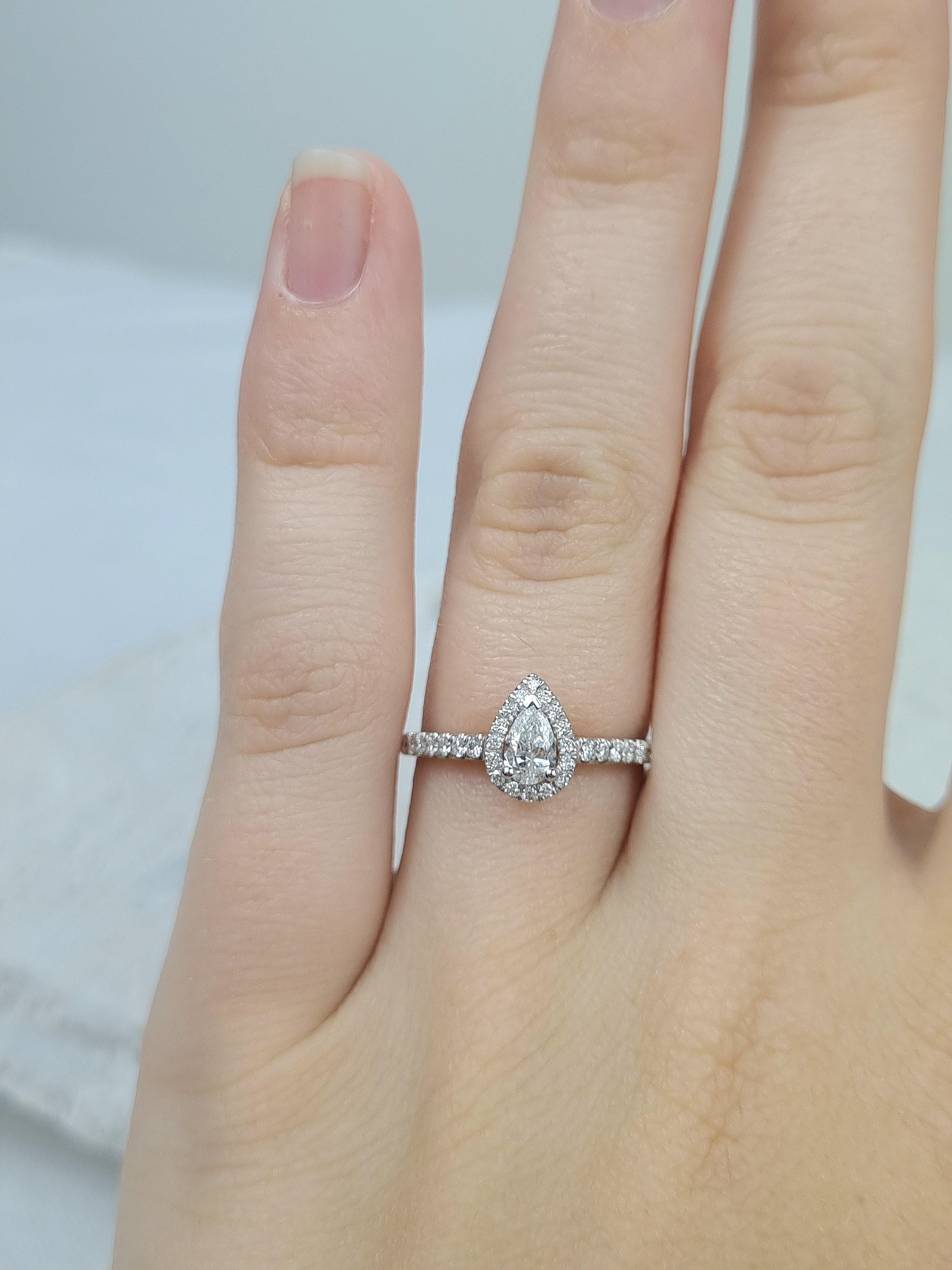9ct Rose and White Gold Pear cut Diamond halo engagement ring