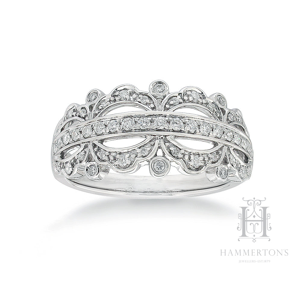 9ct White Gold filagree Diamond dress ring, equaling 0.37ct