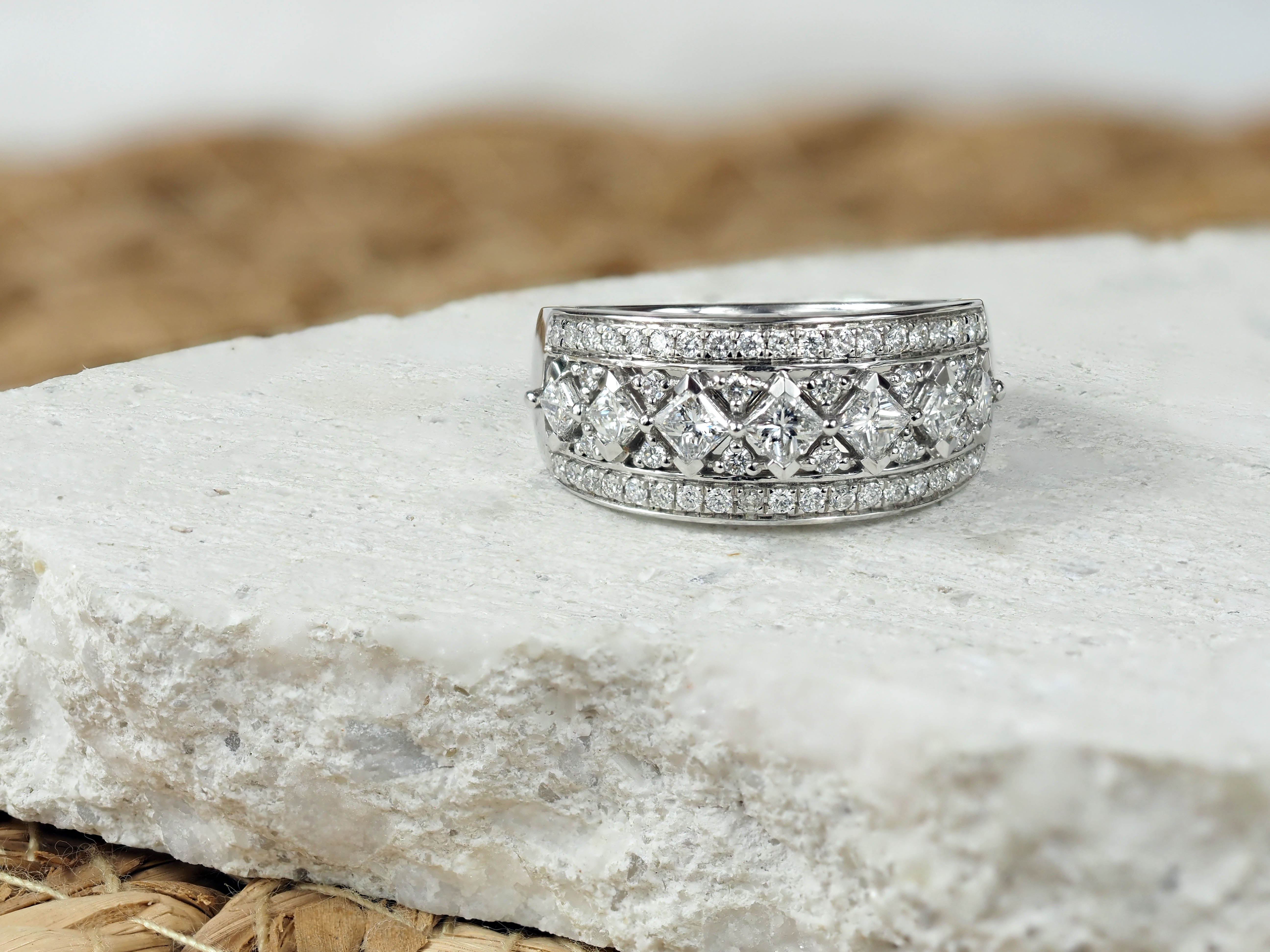 18 Carat White Gold Wide Princess Cut Ring, 1.04 Carats Total.