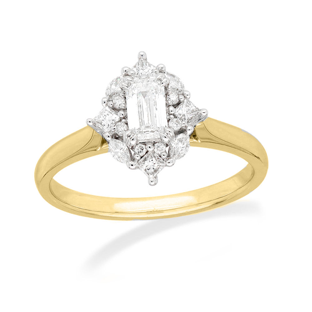 18ct Yellow and White Gold Emerald Cluster Diamond Engagement ring, 0.58ct total