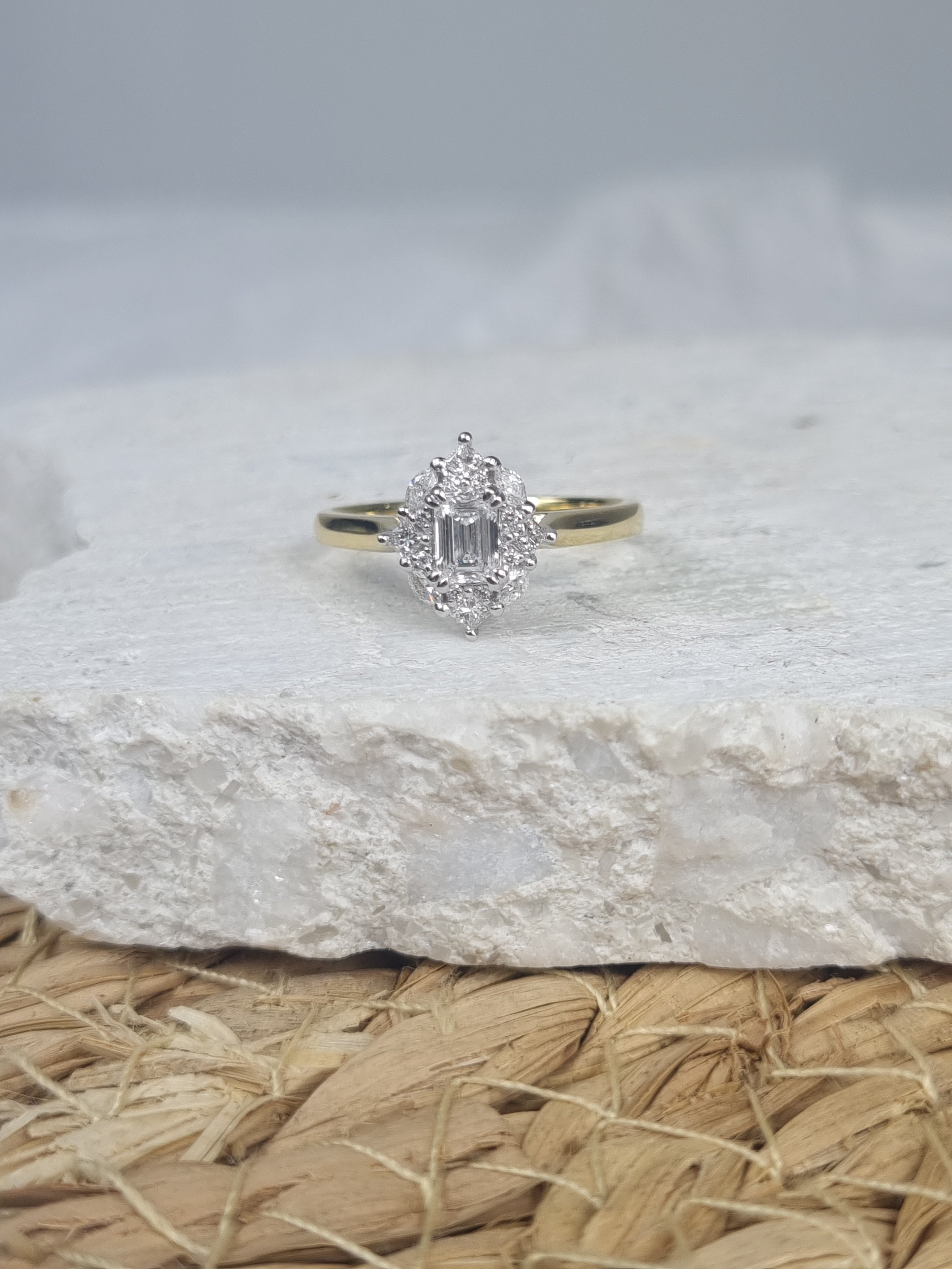 18ct Yellow and White Gold Emerald Cluster Diamond Engagement ring, 0.58ct total