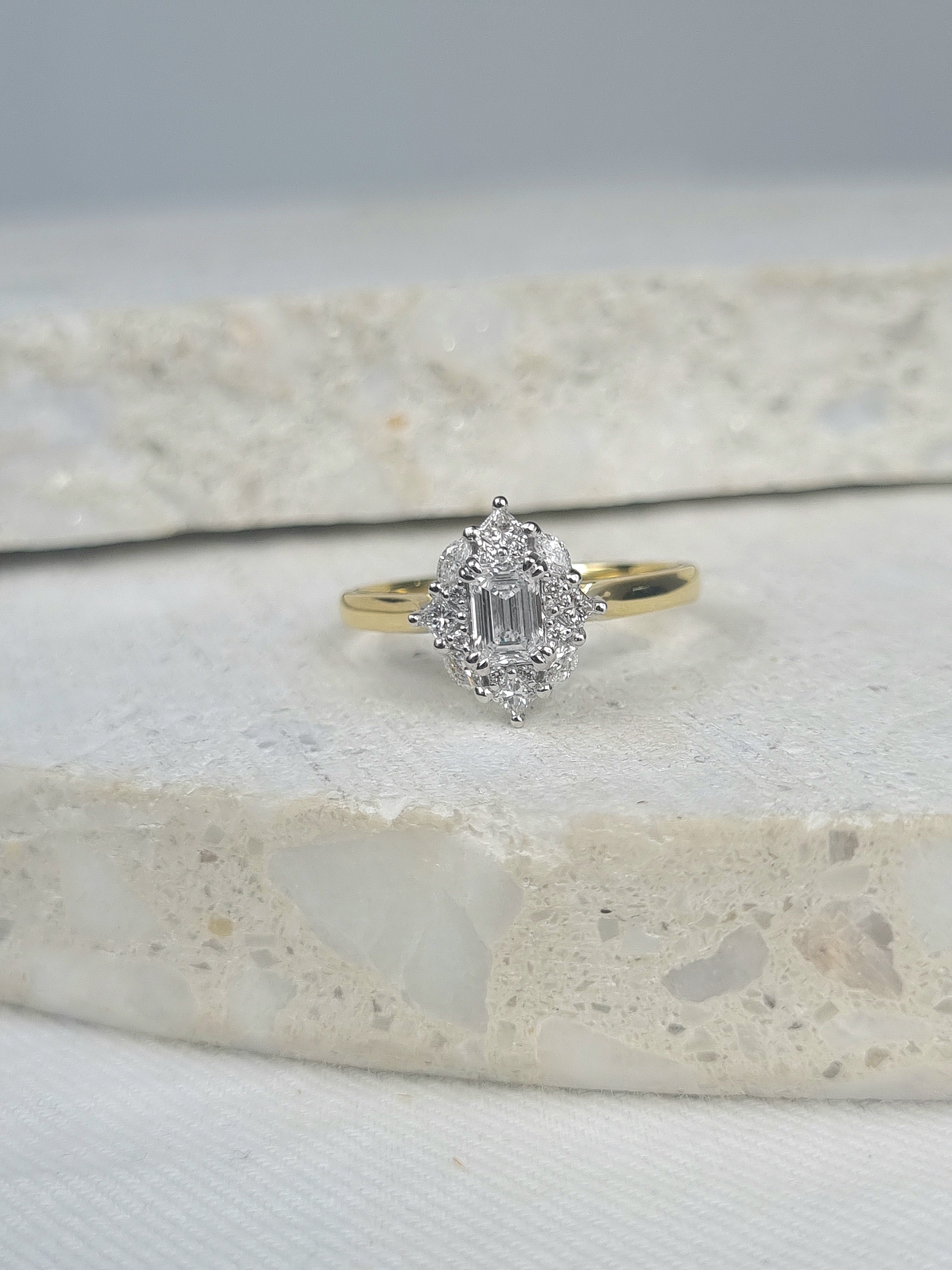 18ct Yellow and White Gold Emerald Cluster Diamond Engagement ring, 0.58ct total