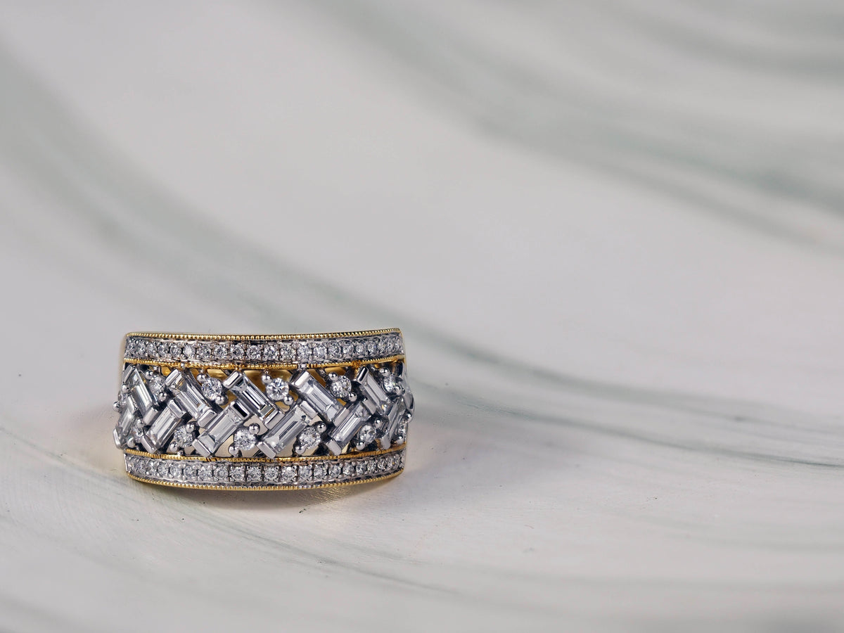 18ct Yellow and White Gold Wide Diamond dress ring, 0.96 carats total